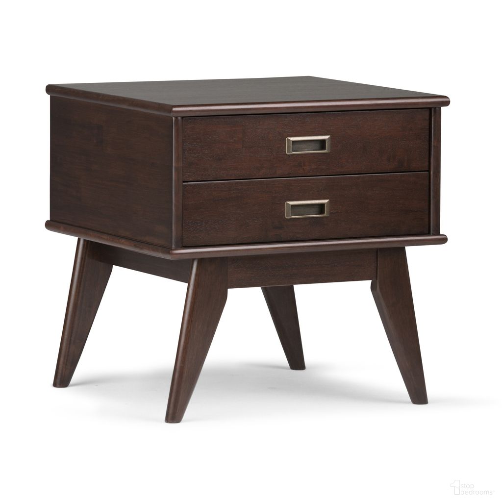 The appearance of Draper Solid Hardwood Mid Century Side Table In Medium Auburn Brown designed by Simpli Home in the transitional interior design. This medium auburn brown piece of furniture was selected by 1StopBedrooms from Draper Collection to add a touch of cosiness and style into your home. Sku: 3AXCDRP-04. Material: Rubberwood.
