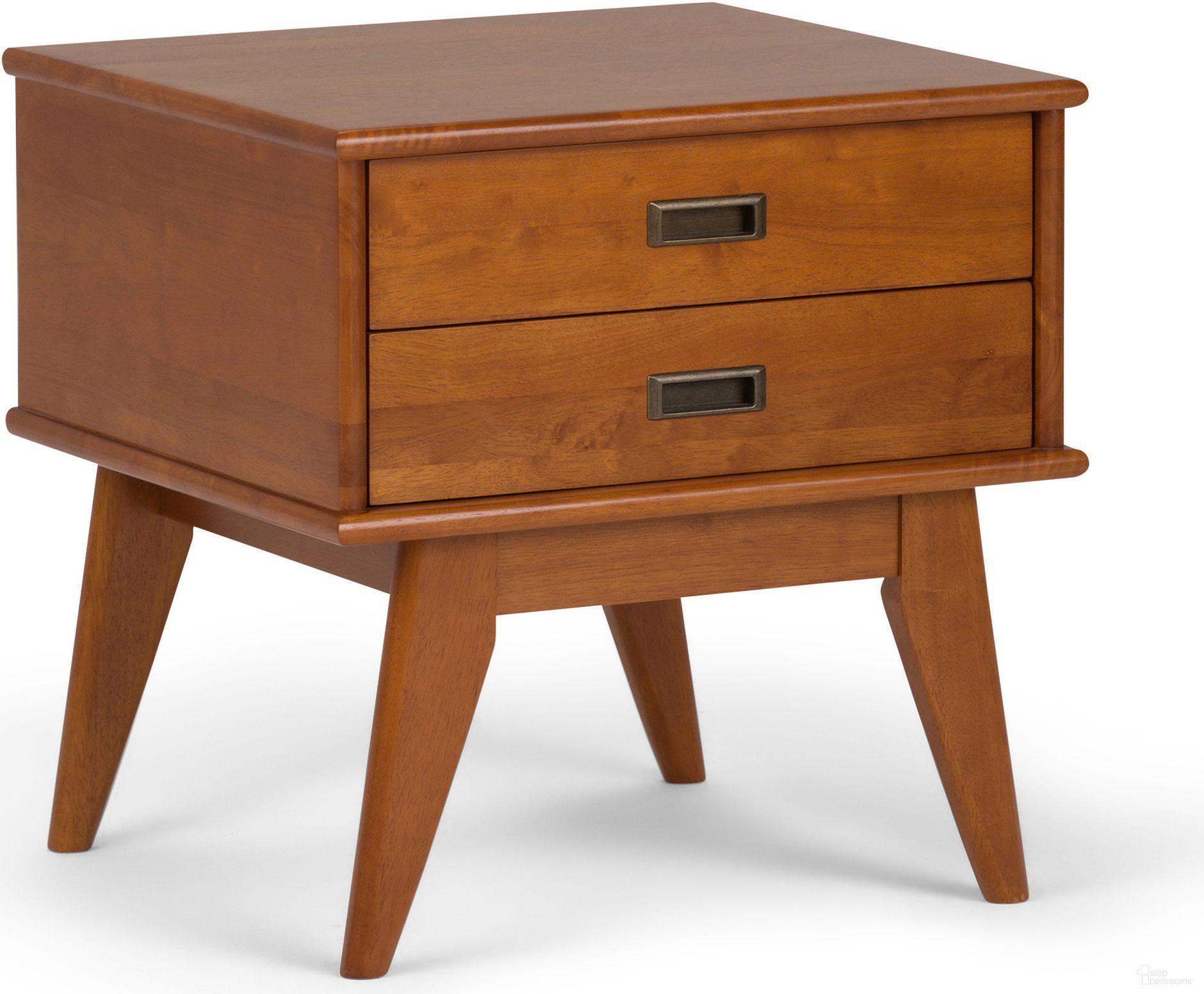 The appearance of Draper Solid Hardwood Mid Century Side Table In Teak Brown designed by Simpli Home in the transitional interior design. This teak brown piece of furniture was selected by 1StopBedrooms from Draper Collection to add a touch of cosiness and style into your home. Sku: 3AXCDRP-04-TK. Material: Rubberwood.