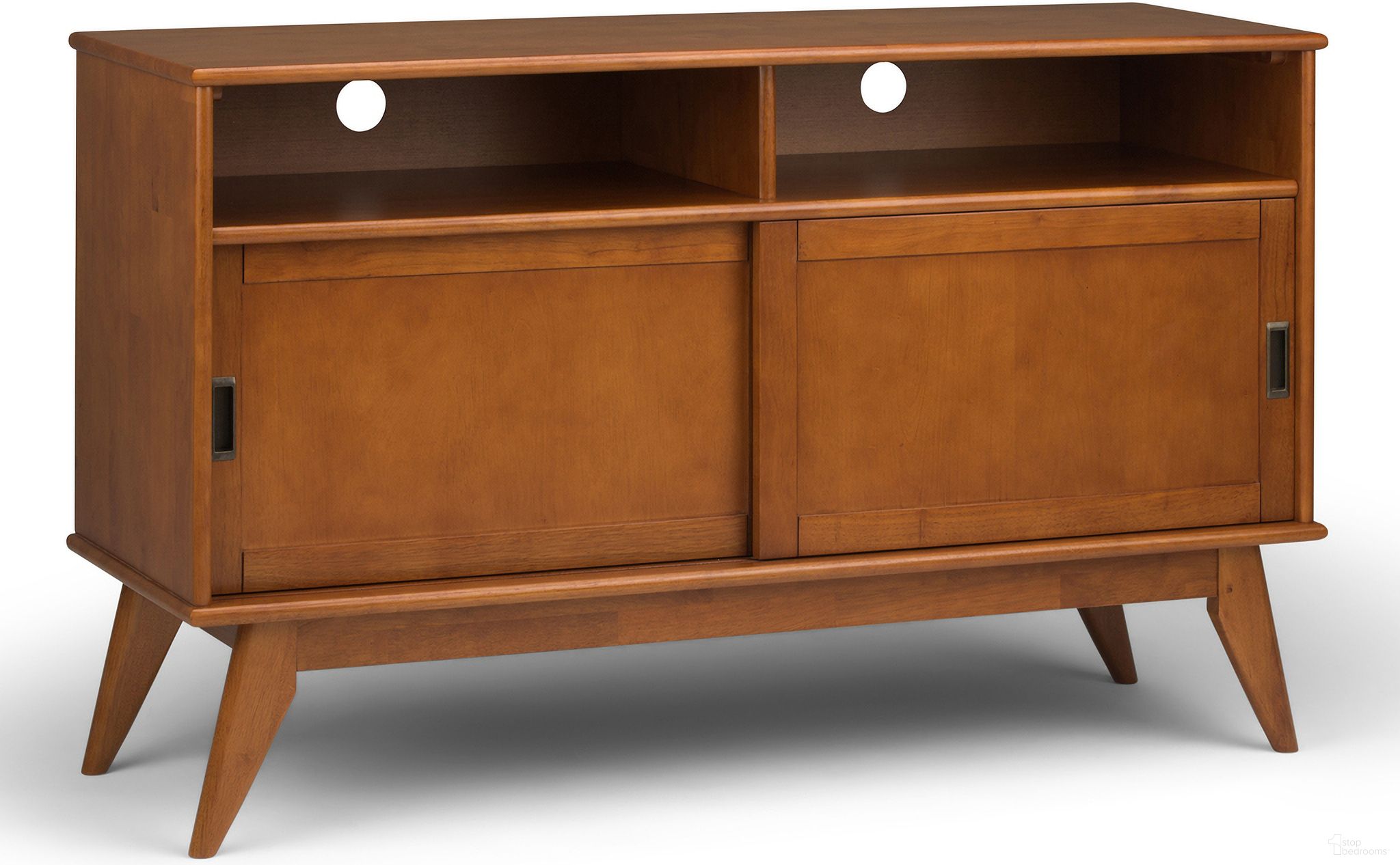The appearance of Draper Solid Hardwood Mid Century Tall TV Media Stand In Teak Brown designed by Simpli Home in the transitional interior design. This teak brown piece of furniture was selected by 1StopBedrooms from Draper Collection to add a touch of cosiness and style into your home. Sku: 3AXCDRP-09-TK. Material: Rubberwood.