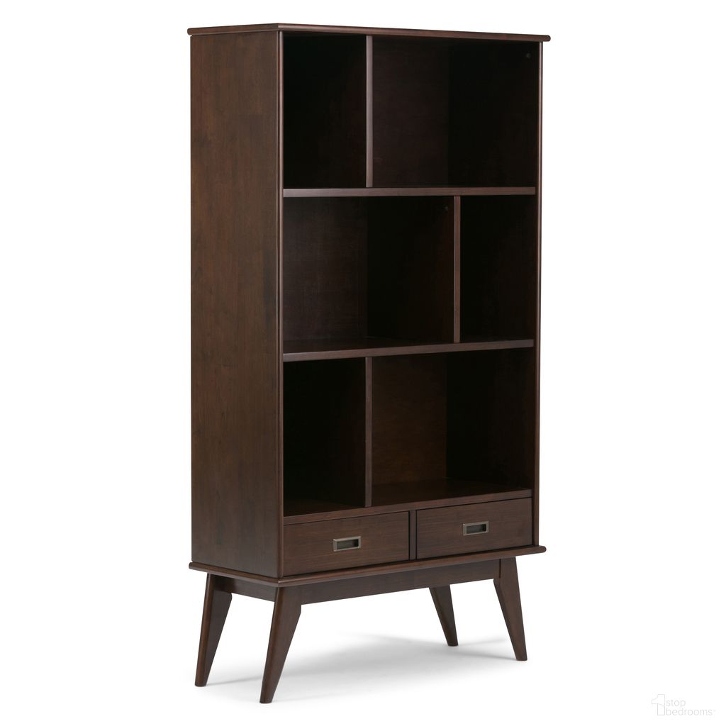 The appearance of Draper Solid Hardwood Mid Century Wide Bookcase and Storage Unit In Medium Auburn Brown designed by Simpli Home in the transitional interior design. This medium auburn brown piece of furniture was selected by 1StopBedrooms from Draper Collection to add a touch of cosiness and style into your home. Sku: 3AXCDRP-13. Material: Rubberwood.