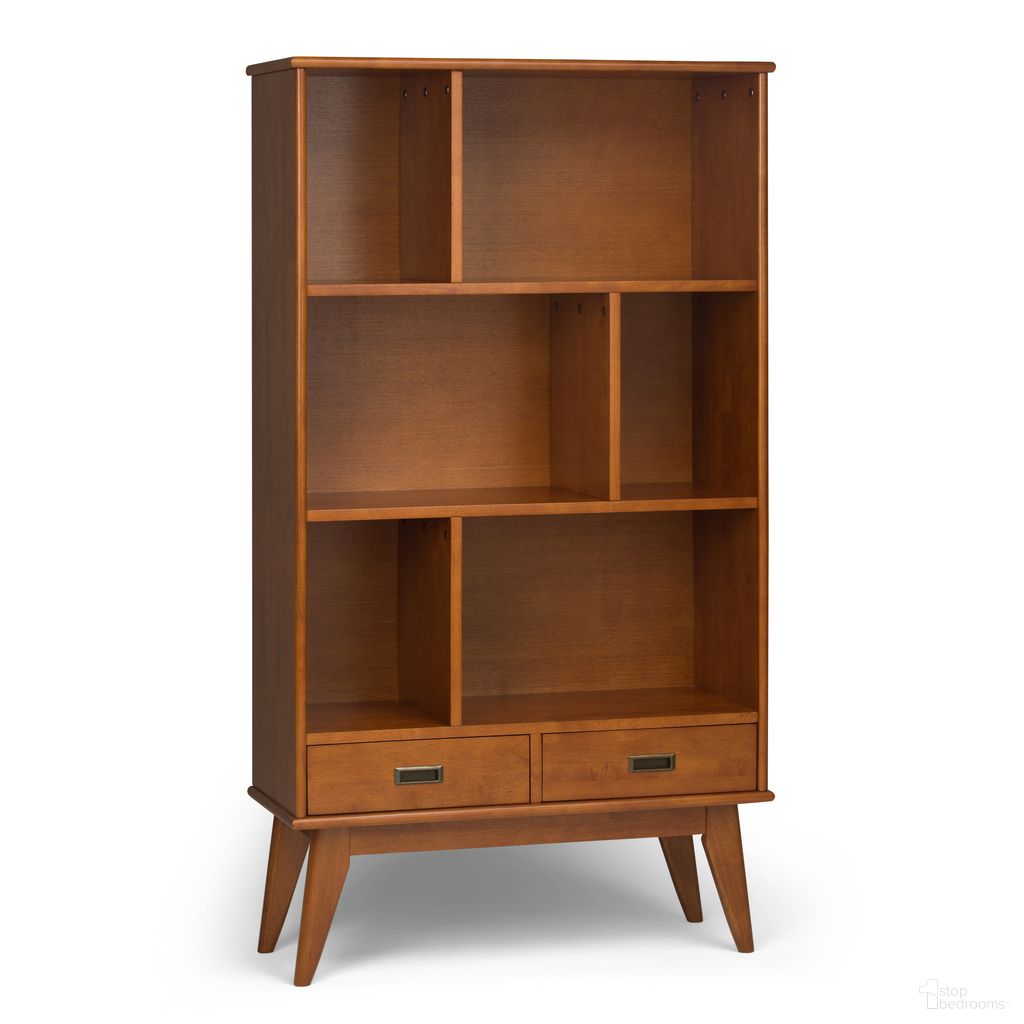 The appearance of Draper Solid Hardwood Mid Century Wide Bookcase and Storage Unit In Teak Brown designed by Simpli Home in the transitional interior design. This teak brown piece of furniture was selected by 1StopBedrooms from Draper Collection to add a touch of cosiness and style into your home. Sku: 3AXCDRP-13-TK. Material: Rubberwood.