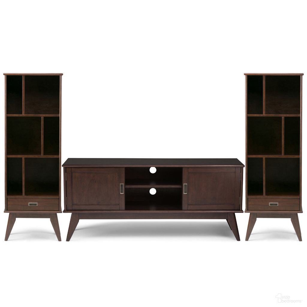 The appearance of Draper Solid Wood 60 Inch TV Stand with 22 Inch Bookcases Set of 3 In Medium Auburn Brown designed by Simpli Home in the transitional interior design. This medium auburn brown piece of furniture was selected by 1StopBedrooms from Draper Collection to add a touch of cosiness and style into your home. Sku: DRMED001MAB. Material: Rubberwood.