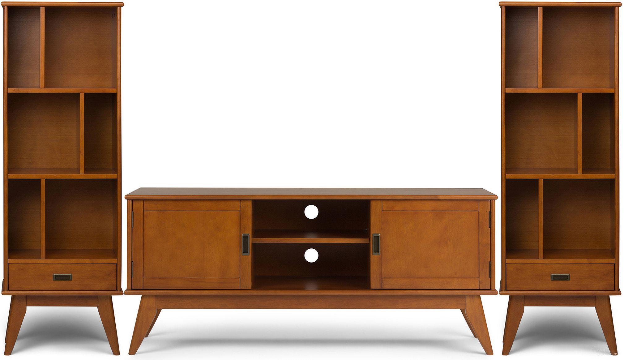 The appearance of Draper Solid Wood 60 Inch TV Stand with 22 Inch Bookcases Set of 3 In Teak Brown designed by Simpli Home in the transitional interior design. This teak brown piece of furniture  was selected by 1StopBedrooms from Draper Collection to add a touch of cosiness and style into your home. Sku: DRMED001TK. Material: Rubberwood.