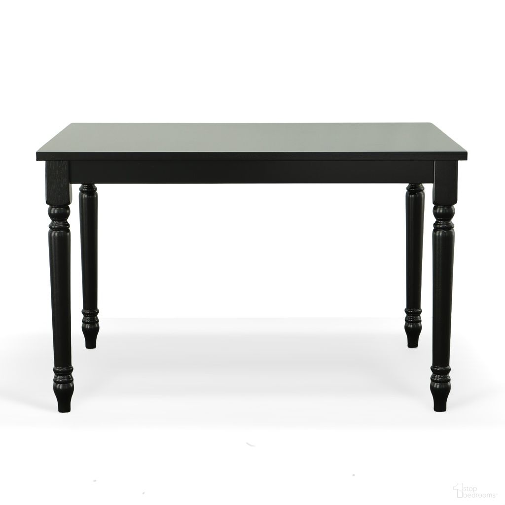 The appearance of Draven Farmhouse Dining Table In Black designed by Carolina Living in the traditional interior design. This black piece of furniture  was selected by 1StopBedrooms from Draven Collection to add a touch of cosiness and style into your home. Sku: 3047T-BLK. Table Base Style: Legs. Material: MDF. Table Top Shape: Rectangular. Size: 48" x 36".