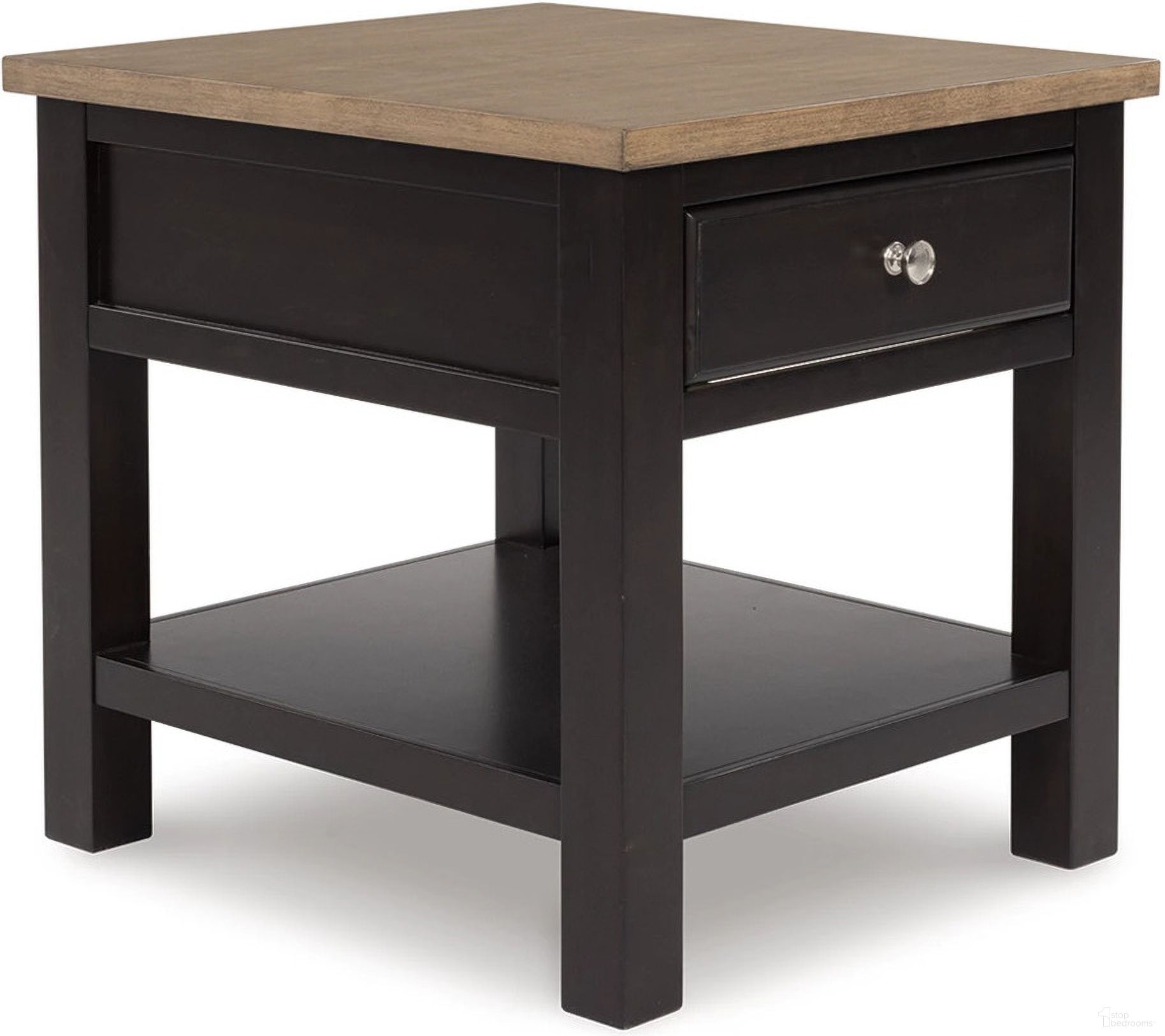 The appearance of Drazmine End Table In Brown designed by Signature Design by Ashley in the transitional interior design. This brown piece of furniture  was selected by 1StopBedrooms from Drazmine Collection to add a touch of cosiness and style into your home. Sku: T734-3. Material: Wood.
