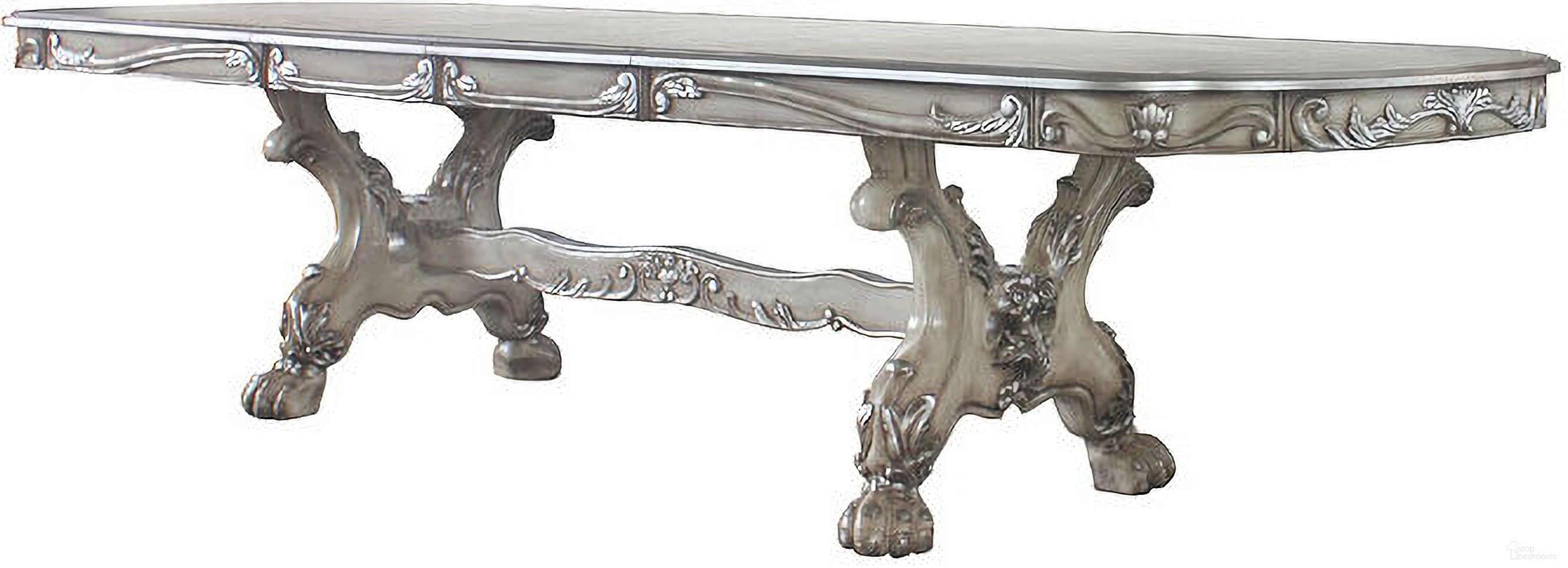 The appearance of Dresden 108 Inch Rectangular Dining Table (Vintage Bone White) designed by ACME in the transitional interior design. This vintage piece of furniture  was selected by 1StopBedrooms from Dresden Collection to add a touch of cosiness and style into your home. Sku: 68175T;68176ST. Table Base Style: Trestle. Material: Wood. Table Top Shape: Rectangular. Size: 46" x 108".