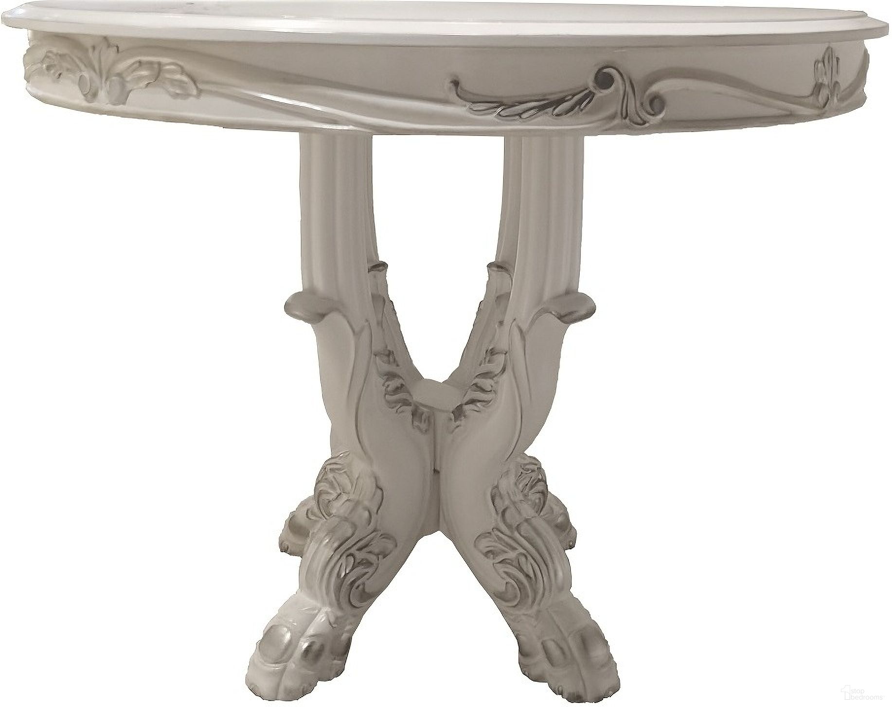 The appearance of Dresden Round Counter Height Table In Bone White designed by ACME in the transitional interior design. This bone white piece of furniture was selected by 1StopBedrooms from Dresden Collection to add a touch of cosiness and style into your home. Sku: DN01703-1;DN01703-2. Table Base Style: Pedestal. Table Top Shape: Round. Material: Wood. Size: 48".