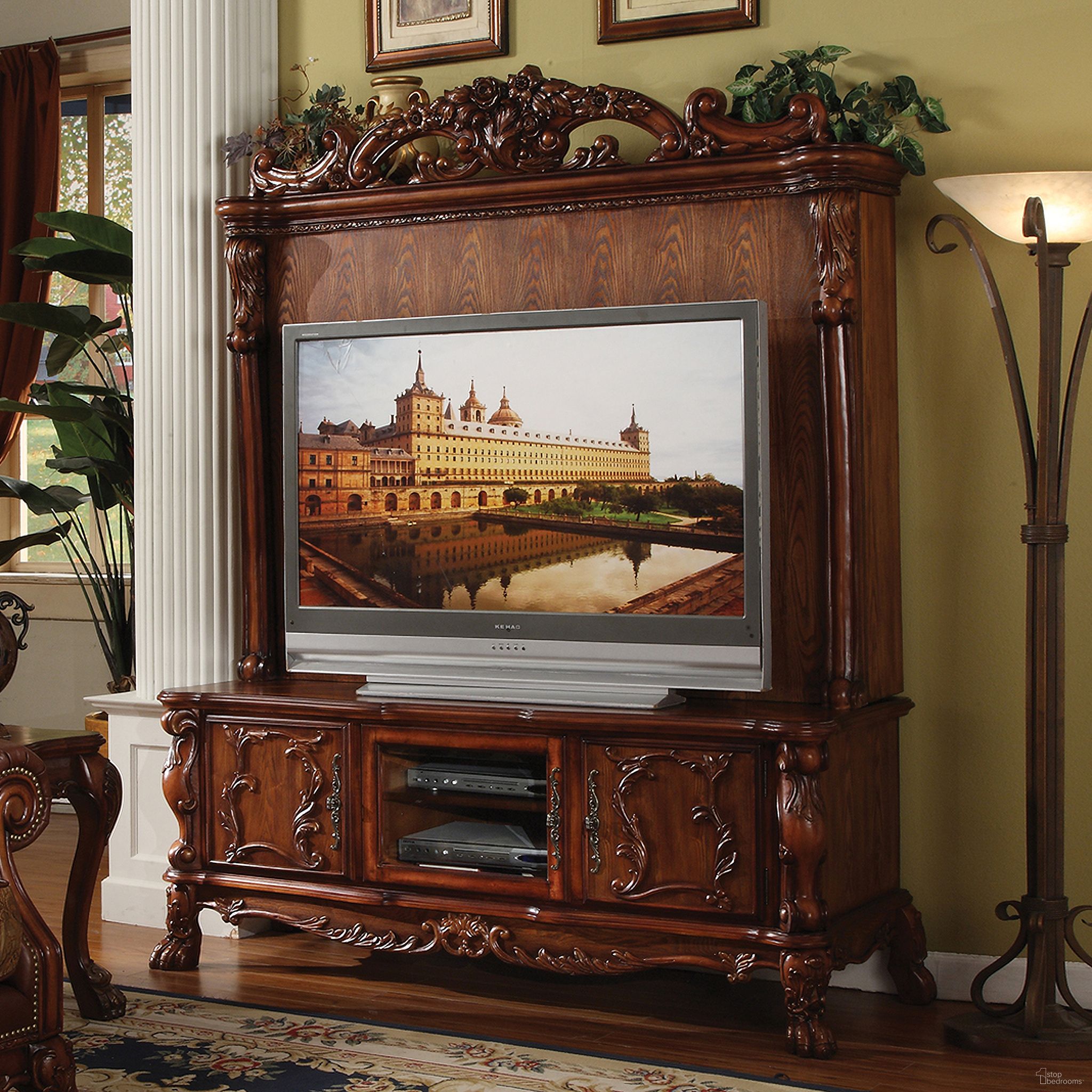 The appearance of Dresden Entertainment Center designed by ACME in the transitional interior design. This brown piece of furniture  was selected by 1StopBedrooms from Dresden Collection to add a touch of cosiness and style into your home. Sku: 12163TOP;12164BASE. Material: Wood.