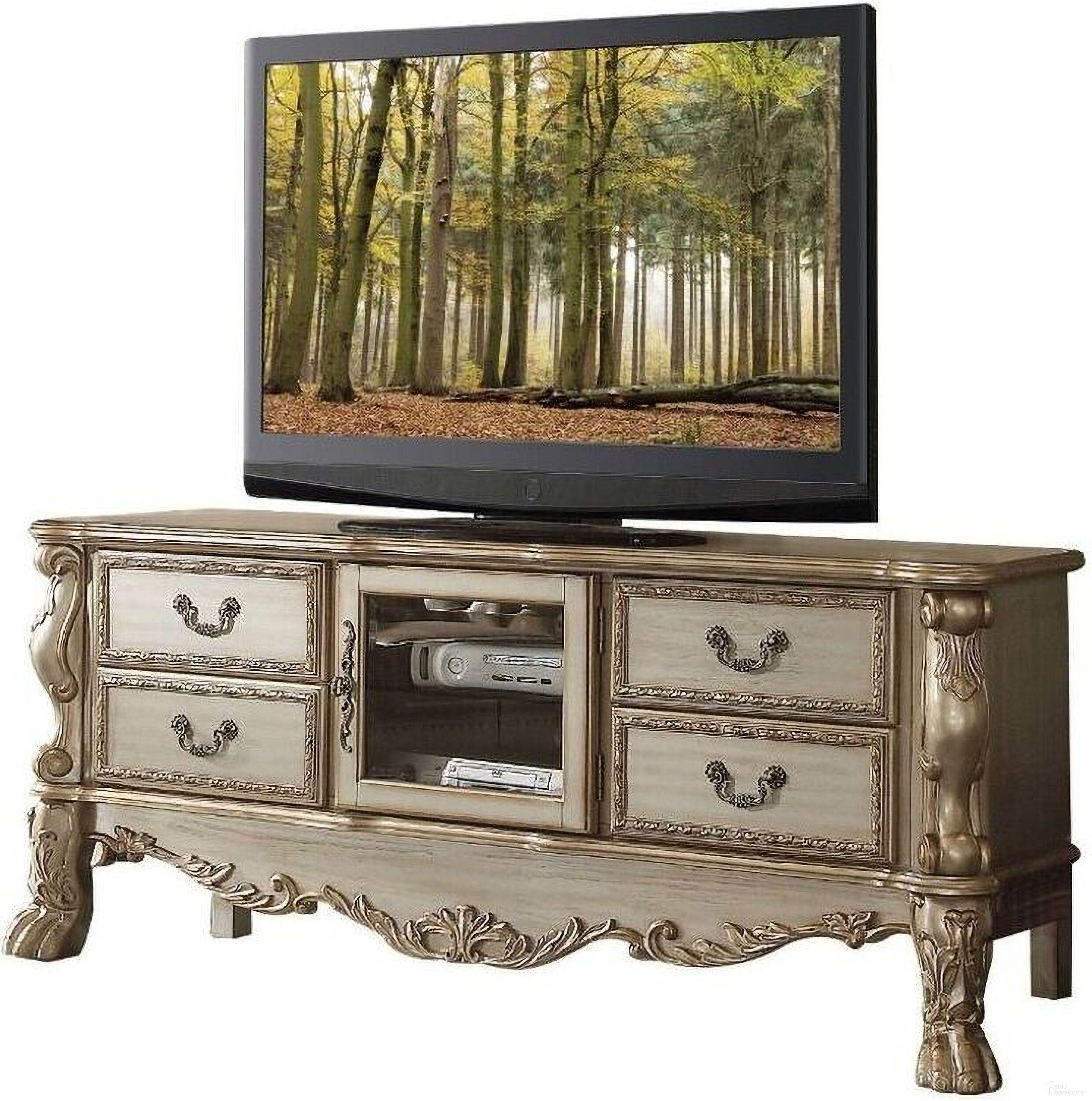The appearance of Dresden TV Stand In Gold Patina and Bone designed by ACME in the transitional interior design. This gold piece of furniture  was selected by 1StopBedrooms from Dresden Collection to add a touch of cosiness and style into your home. Sku: 91333. Material: Wood.