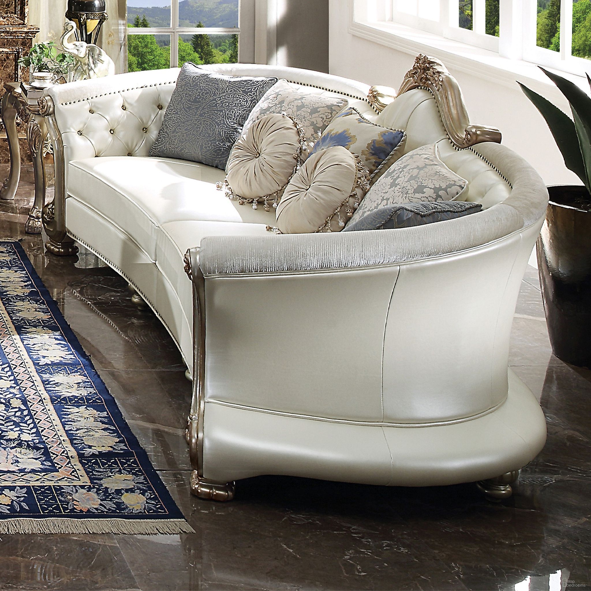 The appearance of Dresden II Pearl Polyurethane and Gold Patina Sofa designed by ACME in the transitional interior design. This gold patina piece of furniture was selected by 1StopBedrooms from Dresden II Collection to add a touch of cosiness and style into your home. Sku: 54875. Material: Upholstered.