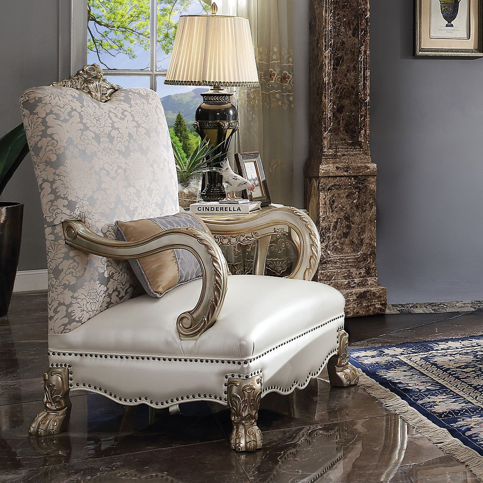 The appearance of Dresden II Pearl Polyurethane/Fabric and Gold Patina Accent Chair designed by ACME in the transitional interior design. This gold patina piece of furniture was selected by 1StopBedrooms from Dresden II Collection to add a touch of cosiness and style into your home. Sku: 54877. Material: Upholstered.