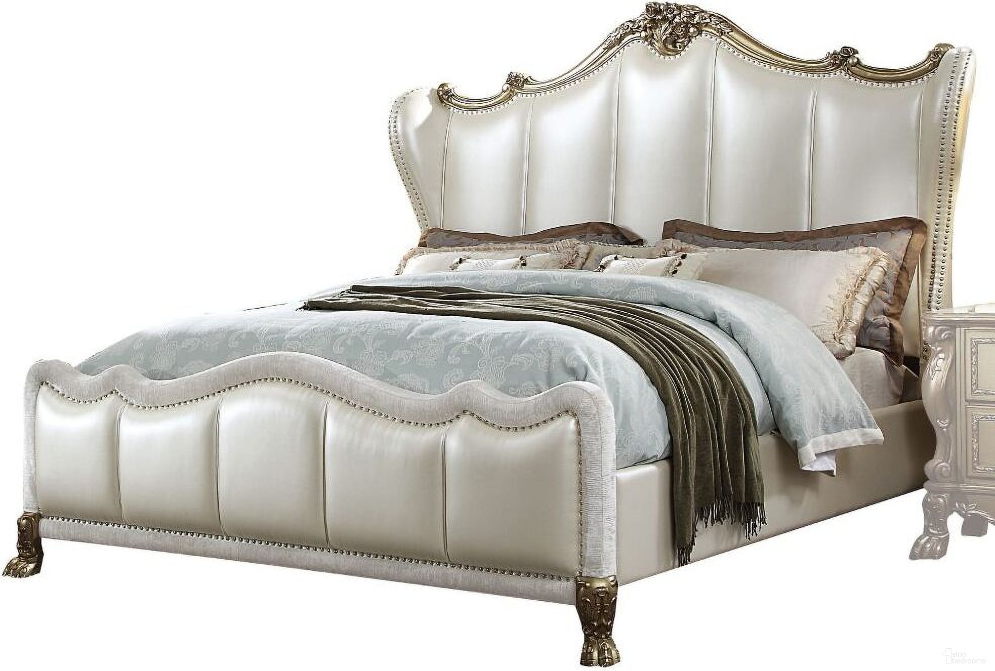 The appearance of Dresden II Pearl White/Gold Patina California King Bed designed by ACME in the transitional interior design. This gold patina piece of furniture was selected by 1StopBedrooms from Dresden II Collection to add a touch of cosiness and style into your home. Sku: 27814CK-HB;27815CK-FB;27816CK-R. Bed Type: Panel Bed. Material: Upholstered. Bed Size: California King.