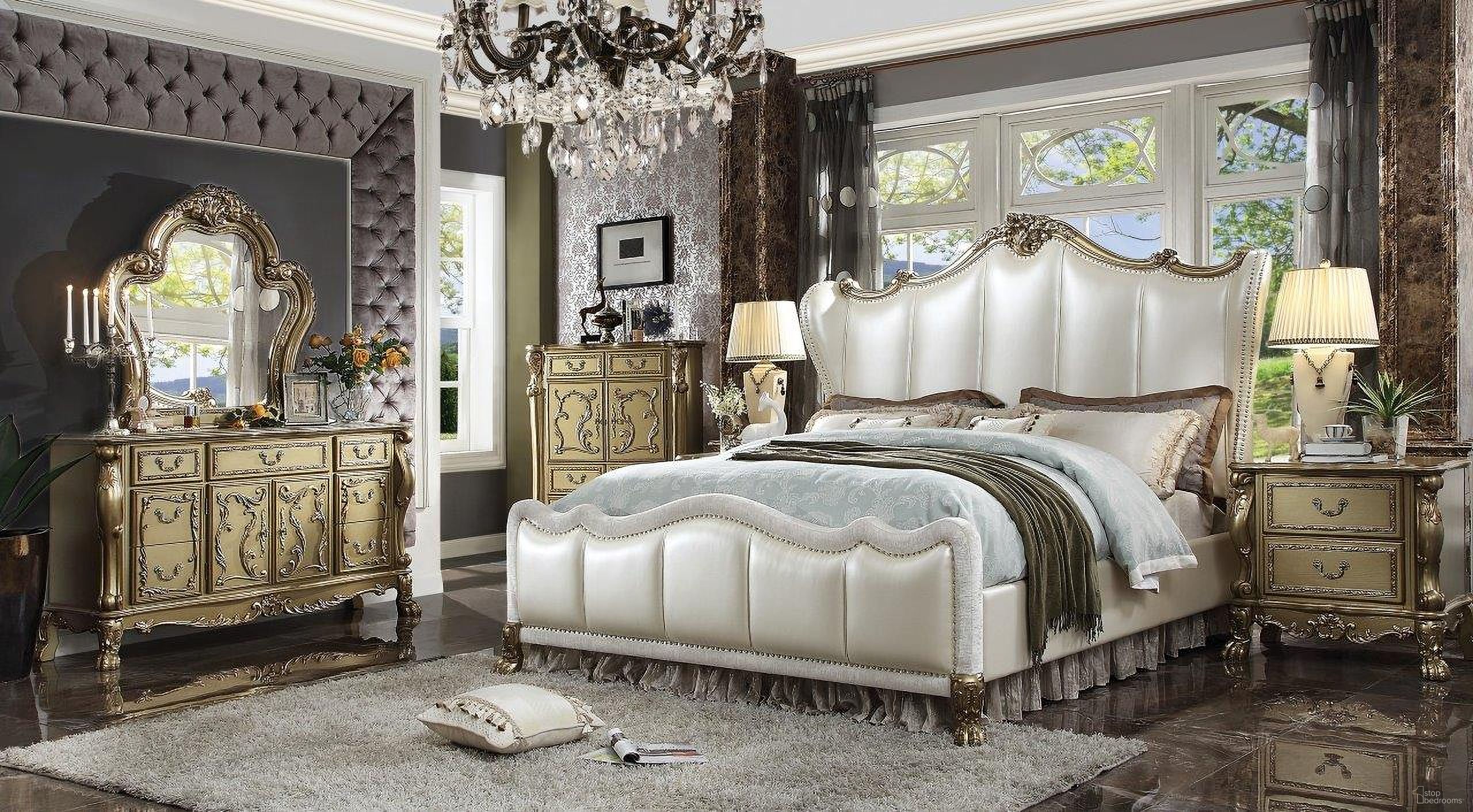 The appearance of Dresden II Pearl White/Gold Patina Queen Bed designed by ACME in the transitional interior design. This gold patina piece of furniture  was selected by 1StopBedrooms from Dresden II Collection to add a touch of cosiness and style into your home. Sku: 27820Q-HB;27821Q-FB;27822Q-R. Bed Type: Panel Bed. Material: Upholstered. Bed Size: Queen.