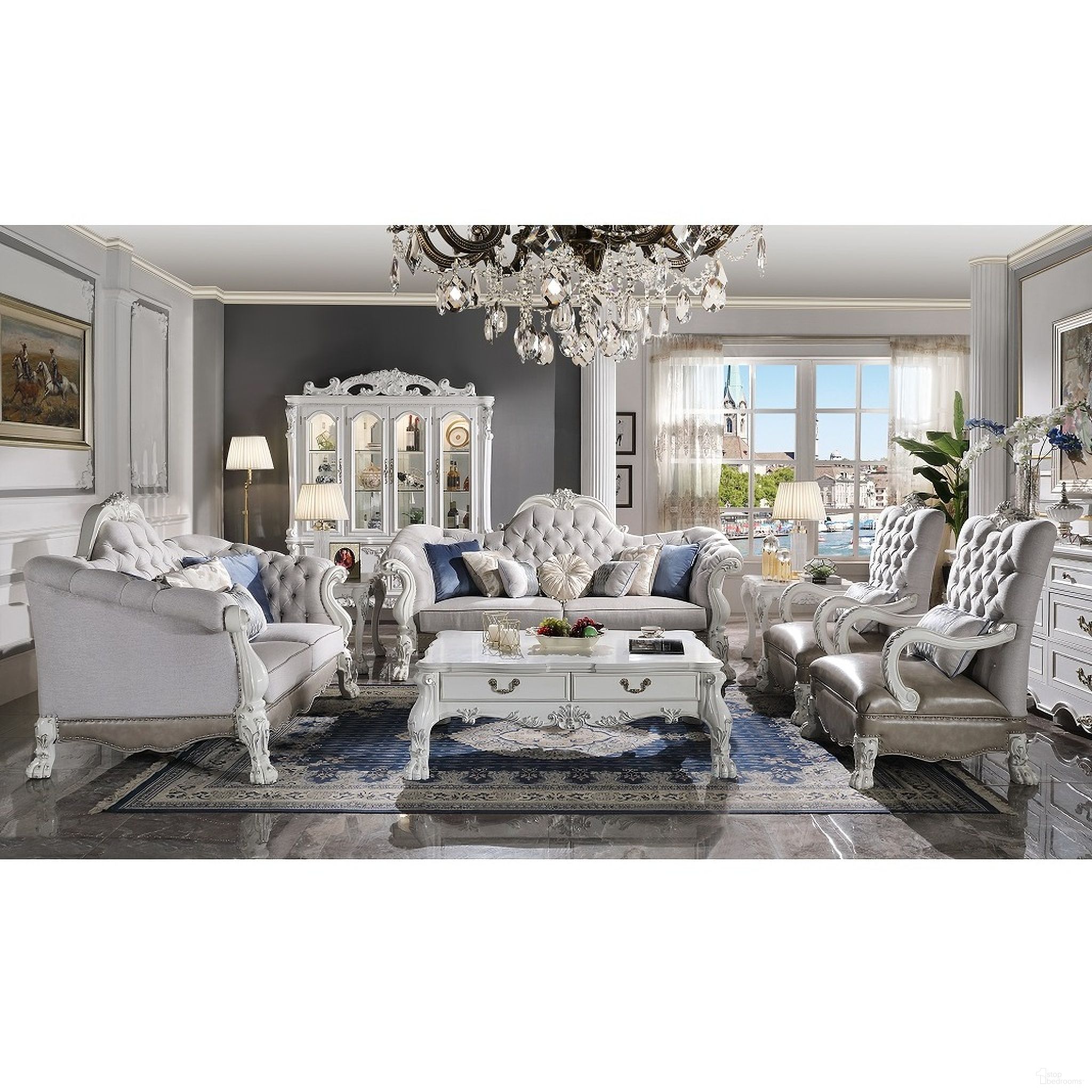 The appearance of Dresden Living Room Set In Synthetic Leather and Bone White designed by ACME in the transitional interior design. This bone white piece of furniture was selected by 1StopBedrooms from Dresden Collection to add a touch of cosiness and style into your home. Sku: LV02244;LV02245. Material: Upholstered.