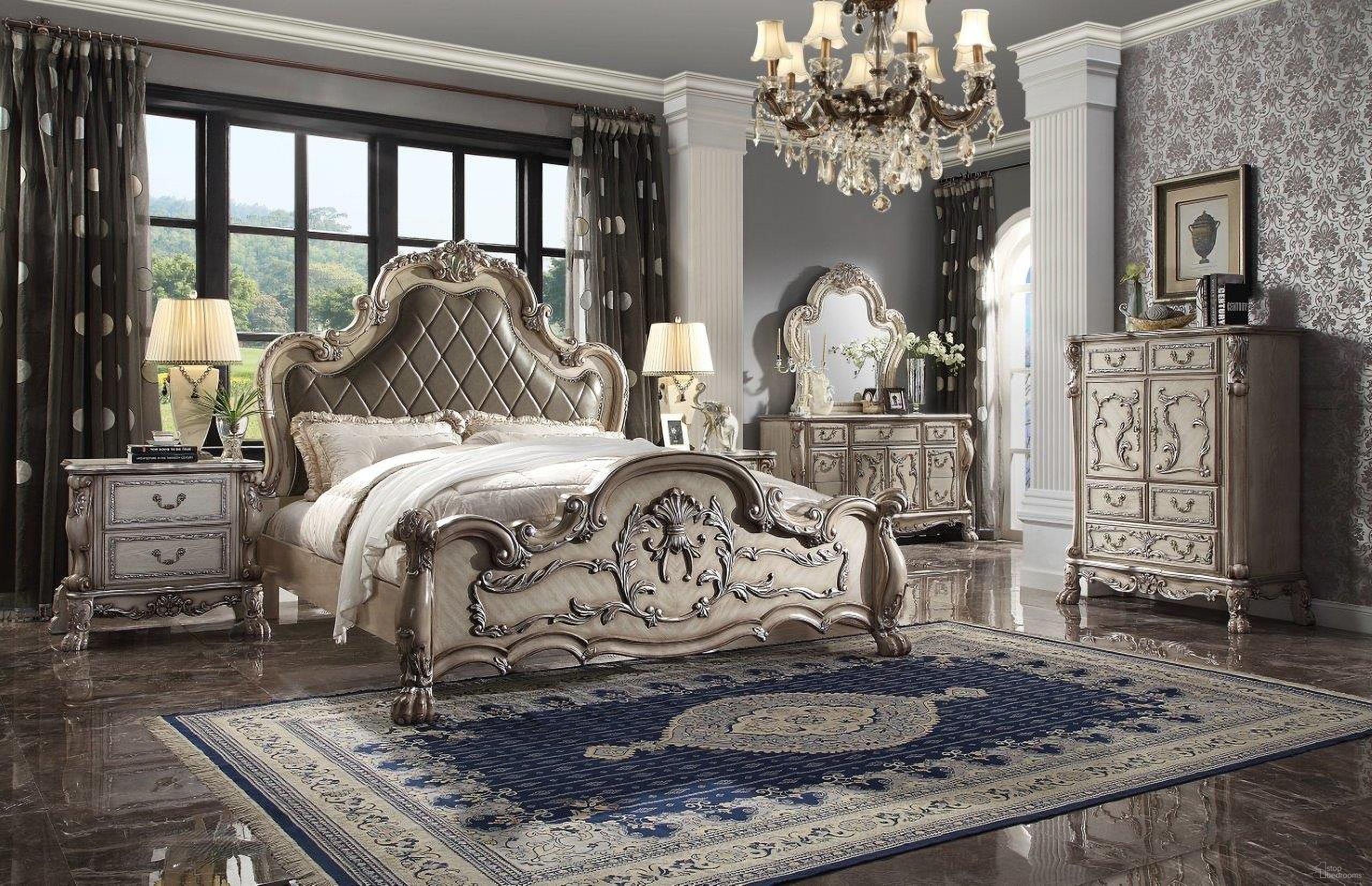 The appearance of Dresden Panel Bedroom Set In Vintage Bone White designed by ACME in the transitional interior design. This bone white piece of furniture was selected by 1StopBedrooms from Dresden Collection to add a touch of cosiness and style into your home. Sku: 28170Q-HB;28171Q-FB;28172Q-R;28173. Bed Type: Panel Bed. Material: Wood. Bed Size: Queen.