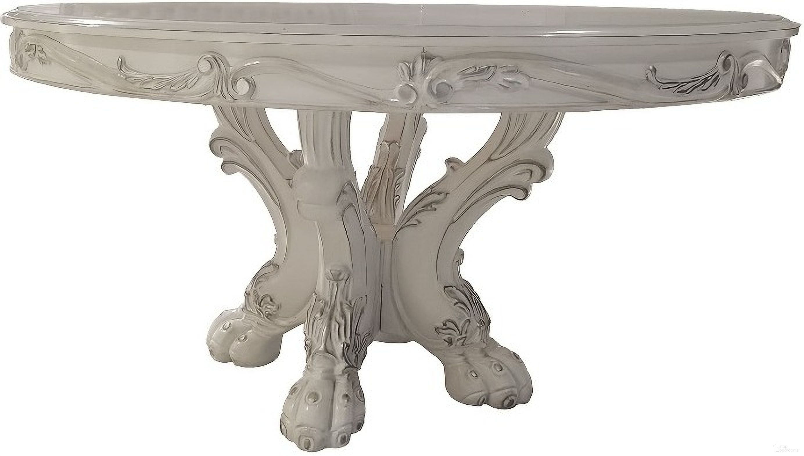 The appearance of Dresden Round Dining Table In Bone White designed by ACME in the transitional interior design. This bone white piece of furniture  was selected by 1StopBedrooms from Dresden Collection to add a touch of cosiness and style into your home. Sku: DN01700-1;DN01700-2. Table Base Style: Pedestal. Table Top Shape: Round. Material: Wood. Size: 60".