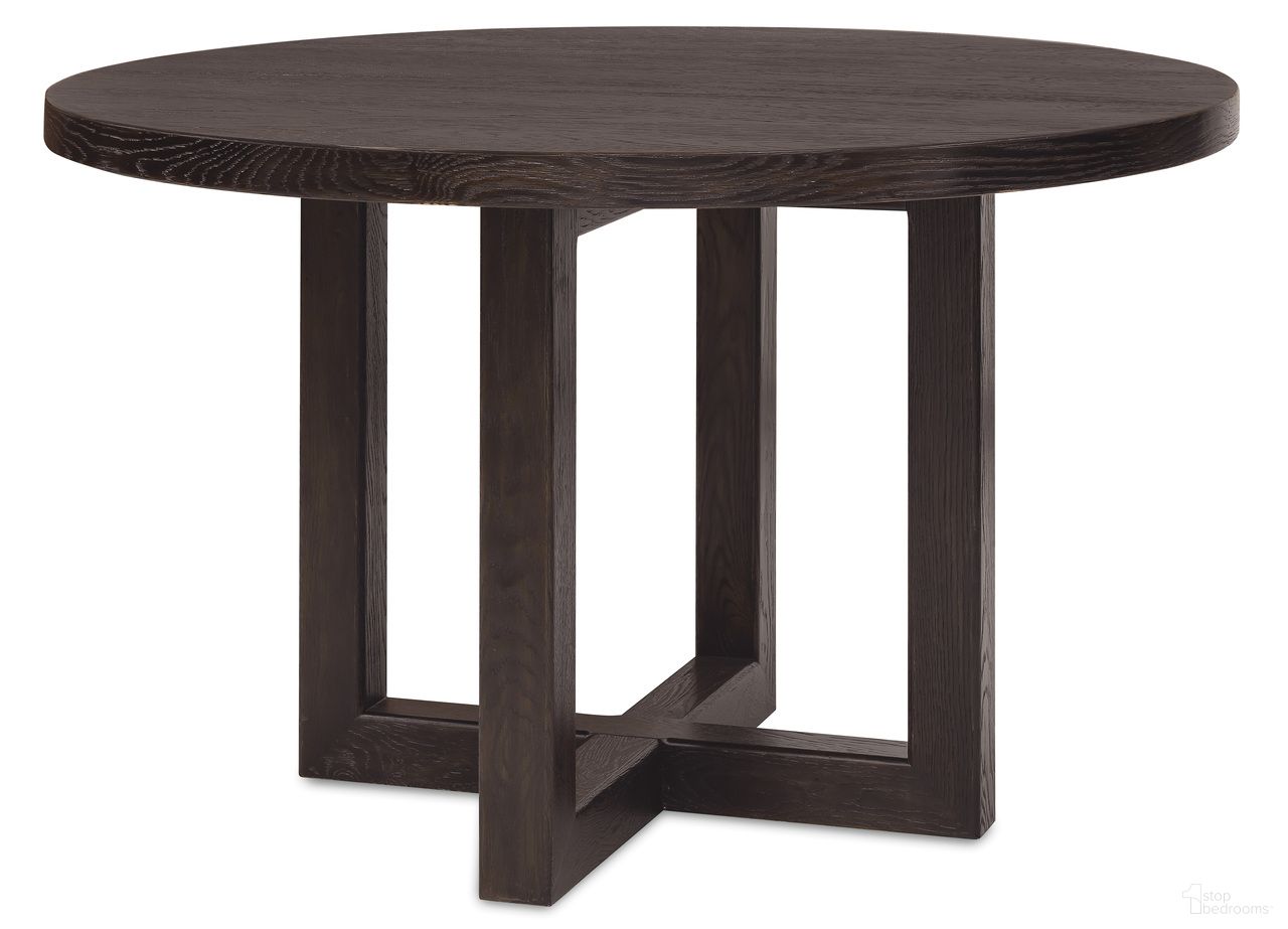 The appearance of Driftwood 48 Inch Round Dining Table In Burnt Timber designed by Hooker in the transitional interior design. This burnt timber piece of furniture was selected by 1StopBedrooms from Driftwood Collection to add a touch of cosiness and style into your home. Sku: 6820-75213-99. Table Base Style: Trestle. Table Top Shape: Round. Size: 48". Material: Solid Oak.