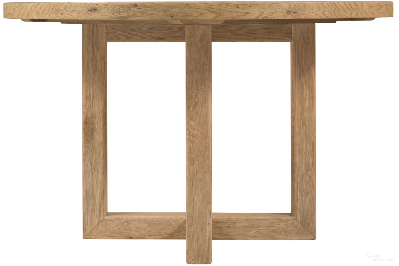 The appearance of Driftwood 48 Inch Round Dining Table In Light Wood designed by Hooker in the transitional interior design. This light wood piece of furniture was selected by 1StopBedrooms from Driftwood Collection to add a touch of cosiness and style into your home. Sku: 6820-75213-80. Table Base Style: Trestle. Table Top Shape: Round. Size: 48". Material: Solid Oak.