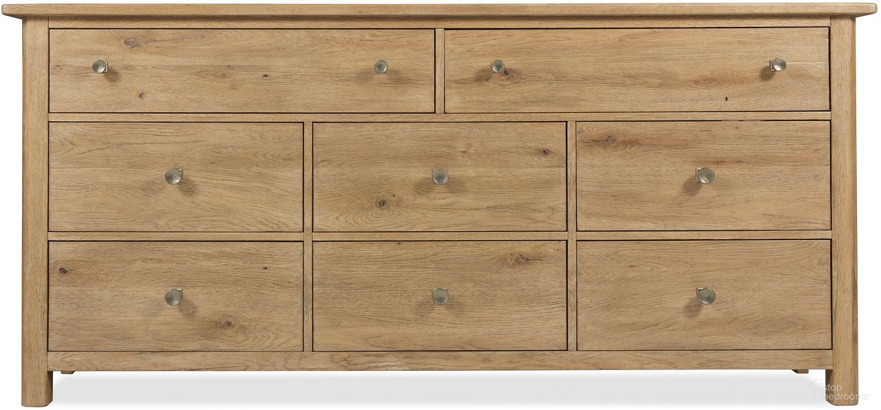 The appearance of Driftwood Eight-Drawer Dresser In Light Wood designed by Hooker in the transitional interior design. This light wood piece of furniture was selected by 1StopBedrooms from Driftwood Collection to add a touch of cosiness and style into your home. Sku: 6820-90202-80. Material: Solid Oak.