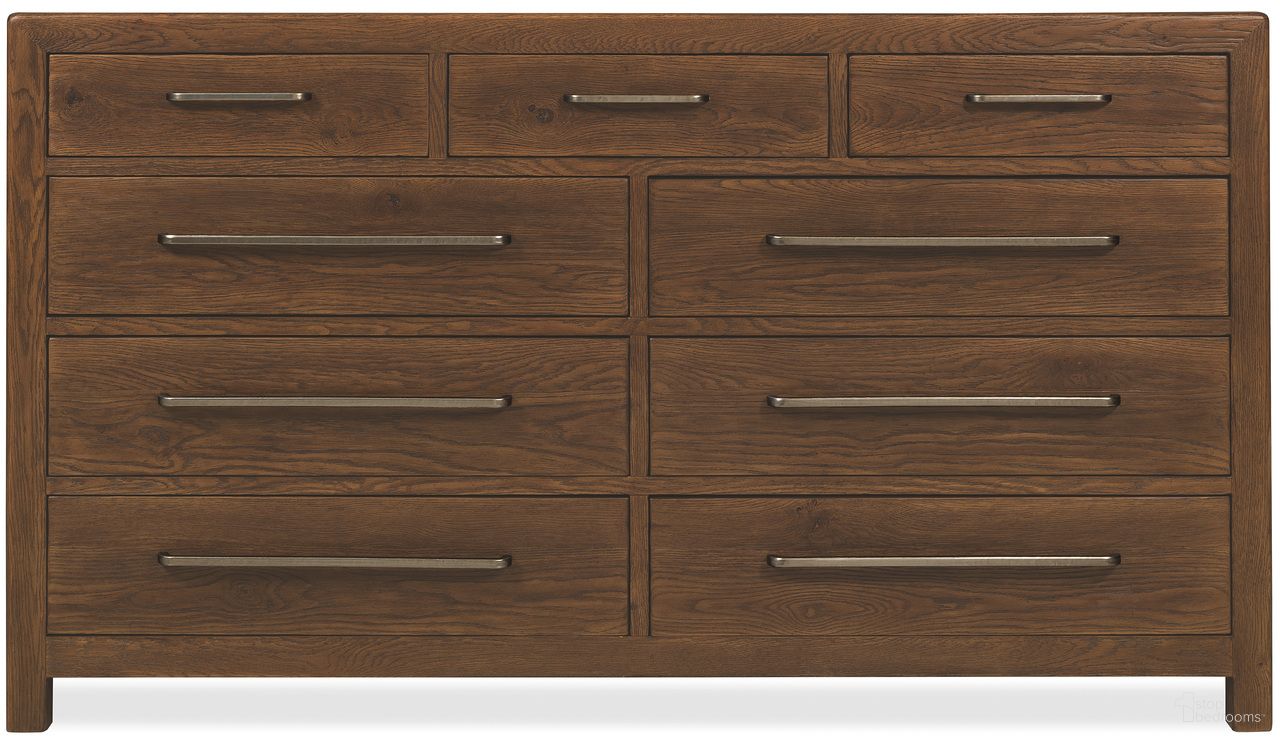 The appearance of Driftwood Nine-Drawer Dresser In Medium Wood designed by Hooker in the transitional interior design. This medium wood piece of furniture was selected by 1StopBedrooms from Driftwood Collection to add a touch of cosiness and style into your home. Sku: 6820-90201-85. Material: Solid Oak.