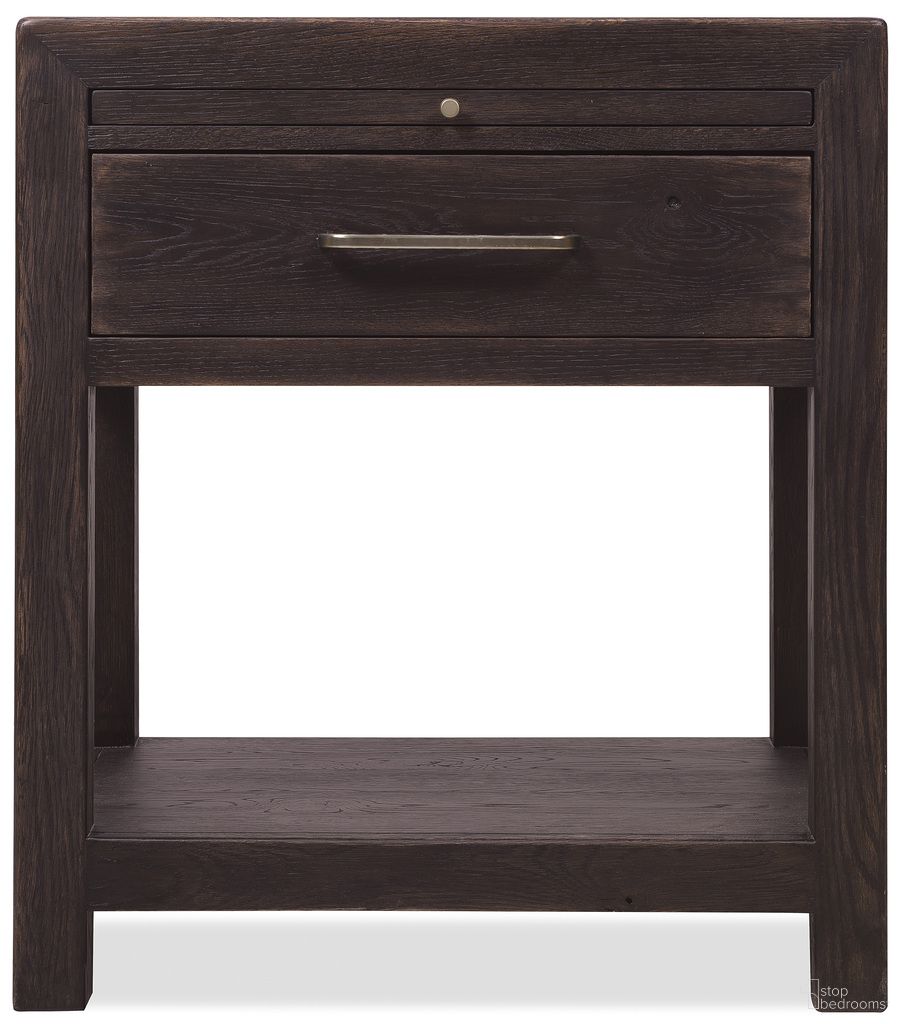 The appearance of Driftwood One-Drawer Nightstand In Burnt Timber designed by Hooker in the transitional interior design. This burnt timber piece of furniture was selected by 1StopBedrooms from Driftwood Collection to add a touch of cosiness and style into your home. Sku: 6820-90316-99. Material: Solid Oak.