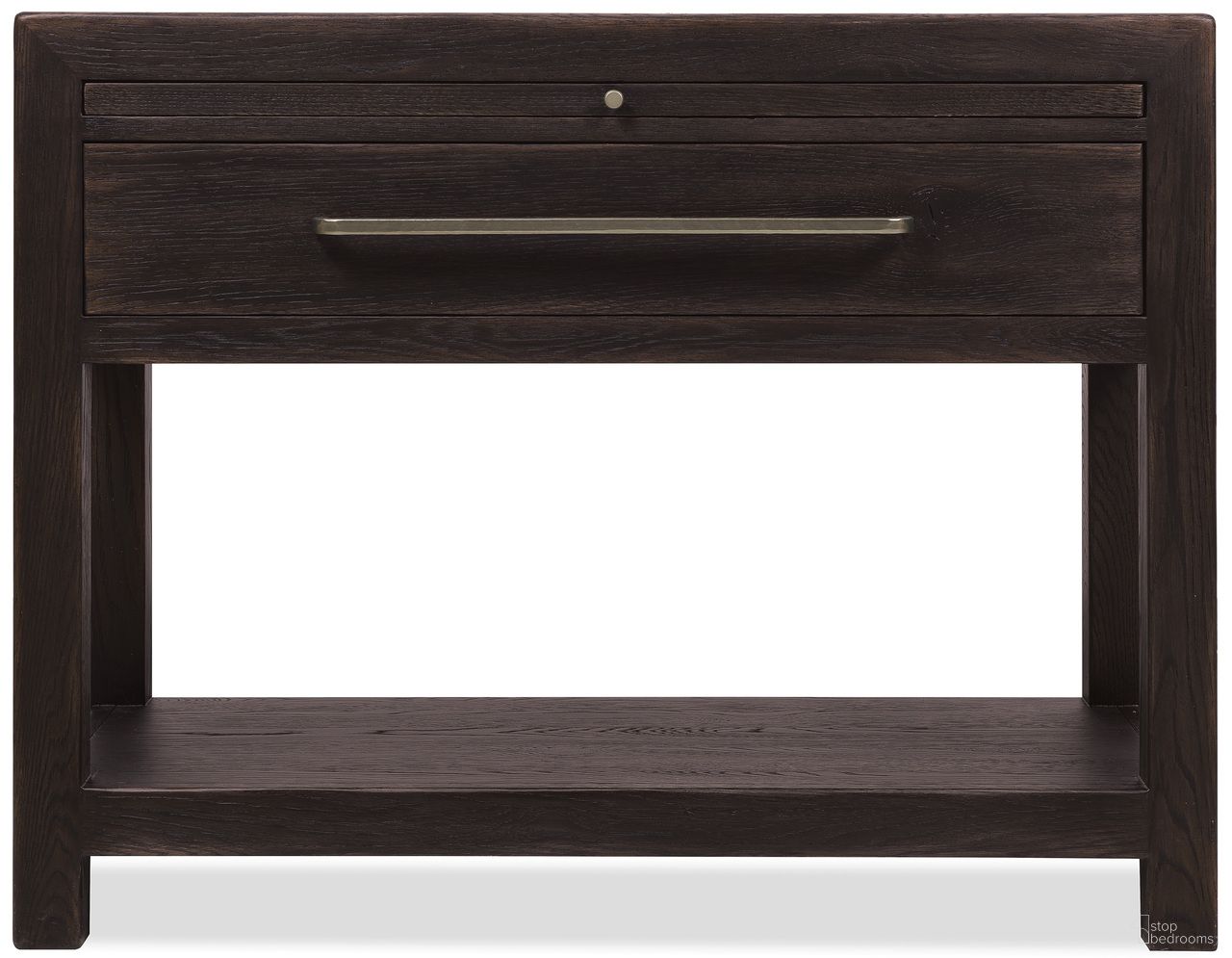 The appearance of Driftwood One-Drawer Nightstand with Stone In Burnt Timber designed by Hooker in the transitional interior design. This burnt timber piece of furniture was selected by 1StopBedrooms from Driftwood Collection to add a touch of cosiness and style into your home. Sku: 6820-90216-99. Material: Solid Oak.