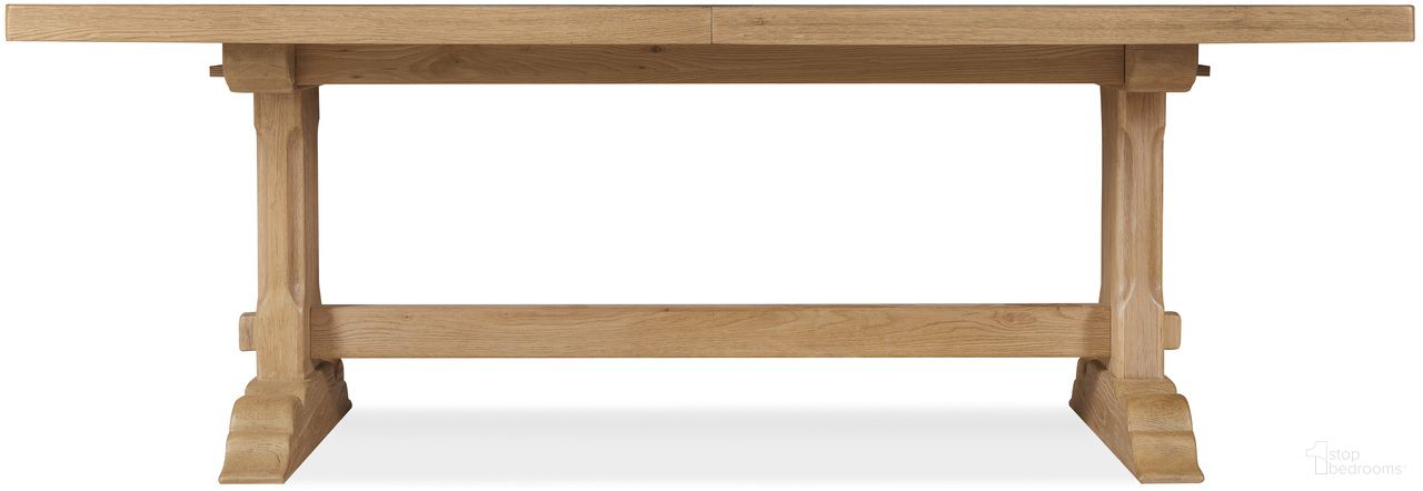 The appearance of Driftwood Rectangle Dining Table with Two 20 Inch Leaves In Light Wood designed by Hooker in the transitional interior design. This light wood piece of furniture was selected by 1StopBedrooms from Driftwood Collection to add a touch of cosiness and style into your home. Sku: 6820-75200-80. Table Base Style: Trestle. Table Top Shape: Rectangular. Size: 42" x 86". Material: Solid Oak.