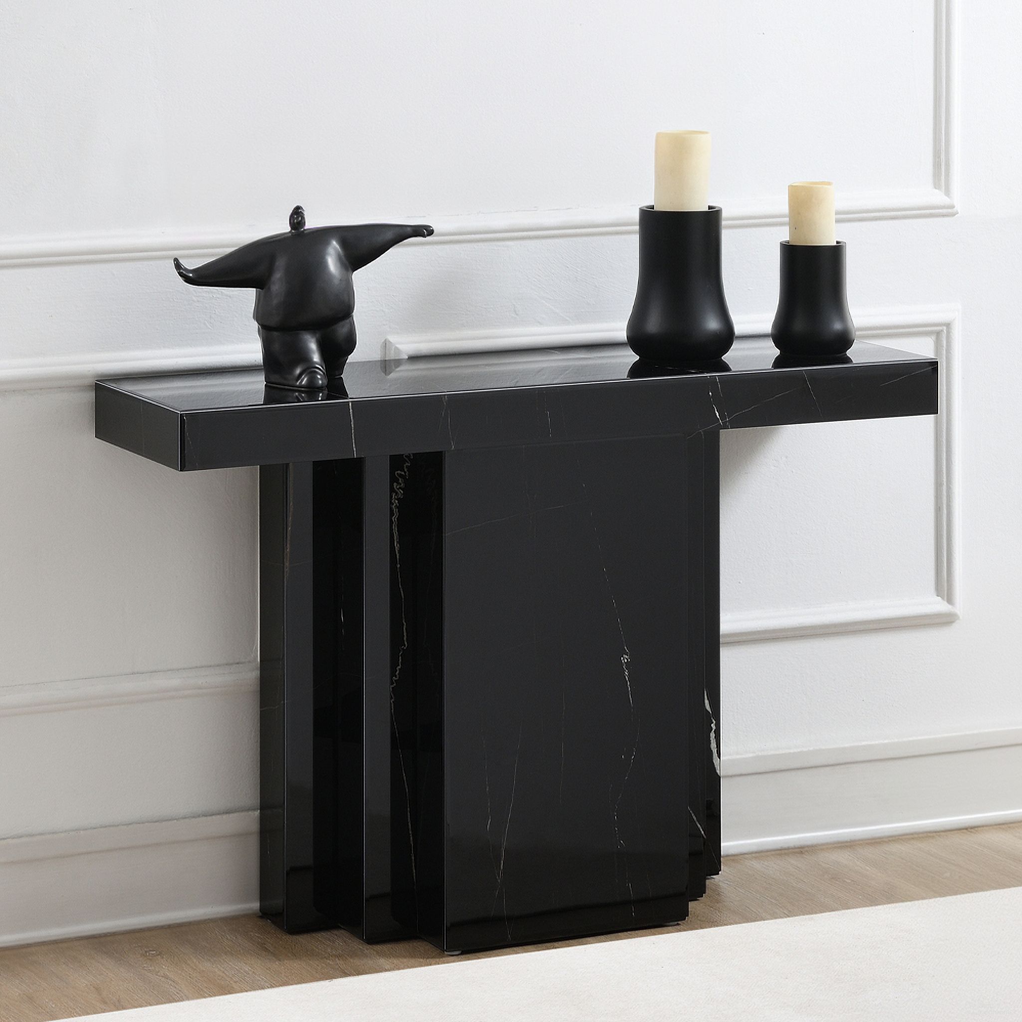 The appearance of Drisana Console Table In Black designed by ACME in the glam interior design. This black piece of furniture  was selected by 1StopBedrooms from Drisana Collection to add a touch of cosiness and style into your home. Sku: AC03870-1;AC03870-2. Material: MDF.