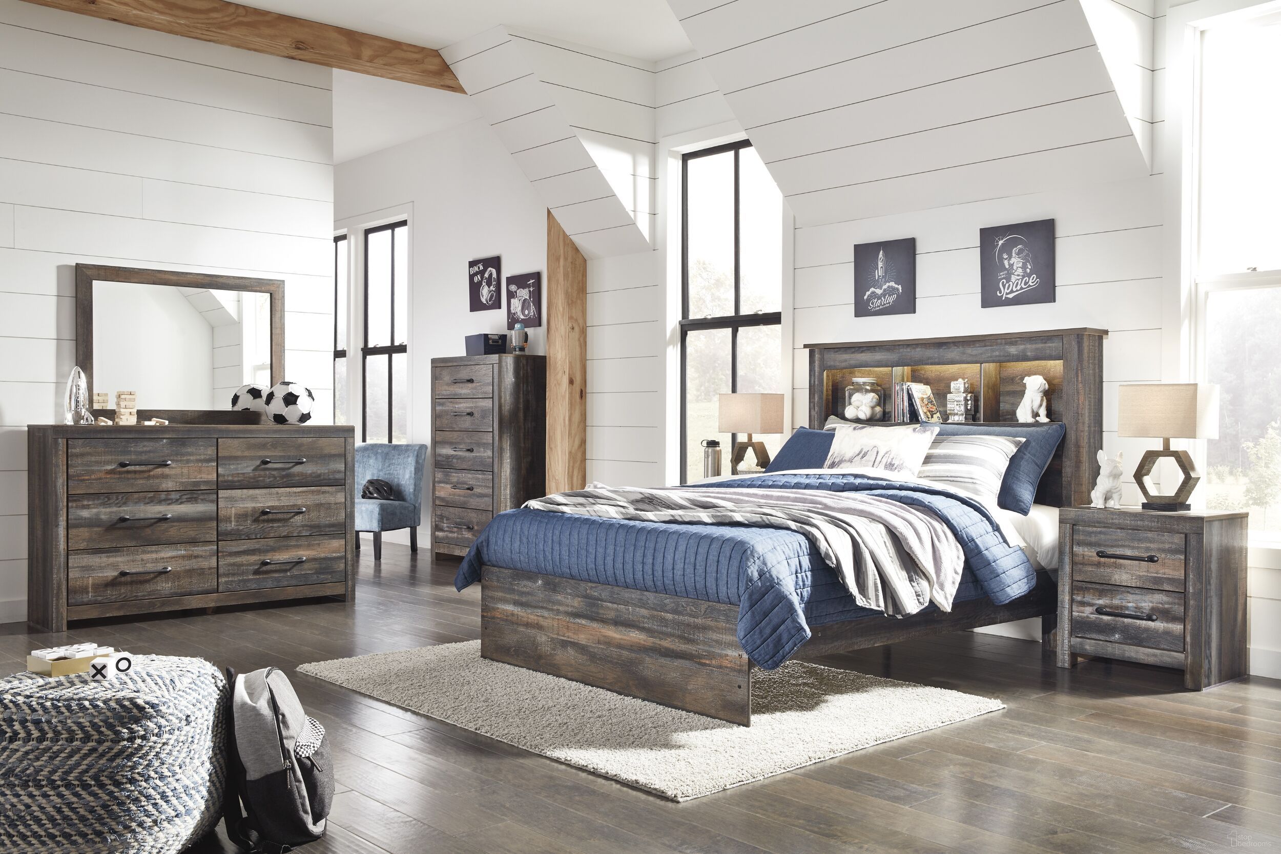 The appearance of Drystan Multi Youth Bookcase Panel Bedroom Set designed by Signature Design by Ashley in the rustic / southwestern interior design. This multi piece of furniture was selected by 1StopBedrooms from Drystan Collection to add a touch of cosiness and style into your home. Sku: B211-85;B211-84;B211-86;B211-92. Bed Type: Panel Bed. Material: Wood. Bed Size: Full.