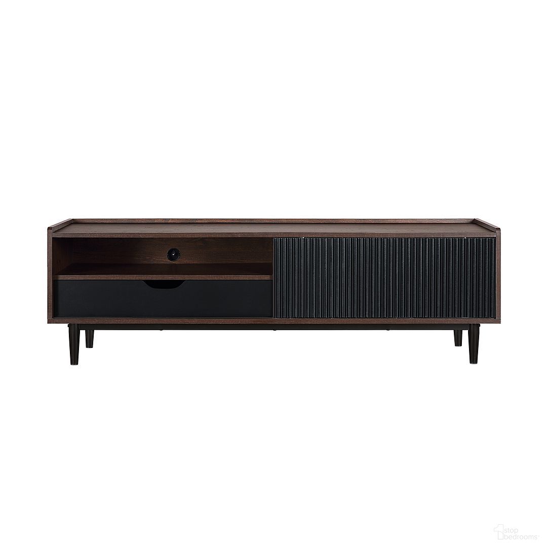 The appearance of Duane Tv Stand In Dark Brown and Black designed by Manhattan Comfort in the transitional interior design. This black piece of furniture was selected by 1StopBedrooms from Duane Collection to add a touch of cosiness and style into your home. Sku: TV-8GLF-BK. Material: MDF.