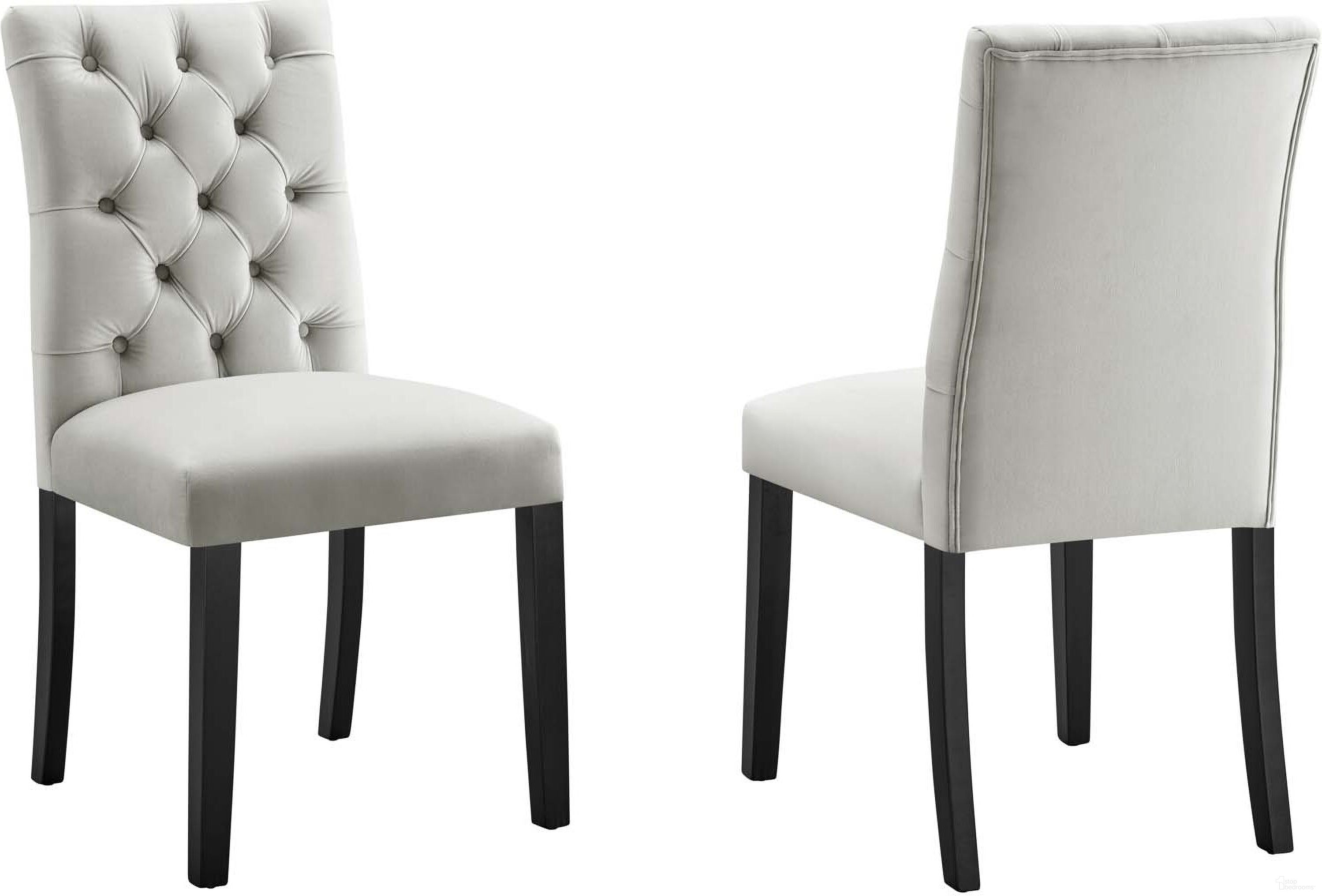 The appearance of Duchess Performance Velvet Dining Chair Set Of 2 In Light Gray designed by Modway in the modern / contemporary interior design. This light gray piece of furniture was selected by 1StopBedrooms from Duchess Collection to add a touch of cosiness and style into your home. Sku: EEI-5011-LGR. Material: Wood. Chair Type: Side Chair.