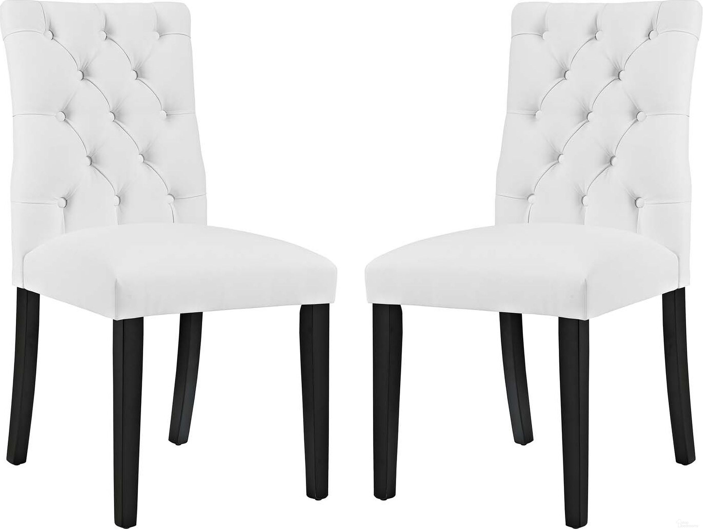 The appearance of Duchess White Dining Chair Vinyl Set of 2 EEI-3472-WHI designed by Modway in the modern / contemporary interior design. This white piece of furniture was selected by 1StopBedrooms from Duchess Collection to add a touch of cosiness and style into your home. Sku: EEI-3472-WHI. Material: Plywood. Chair Type: Side Chair.