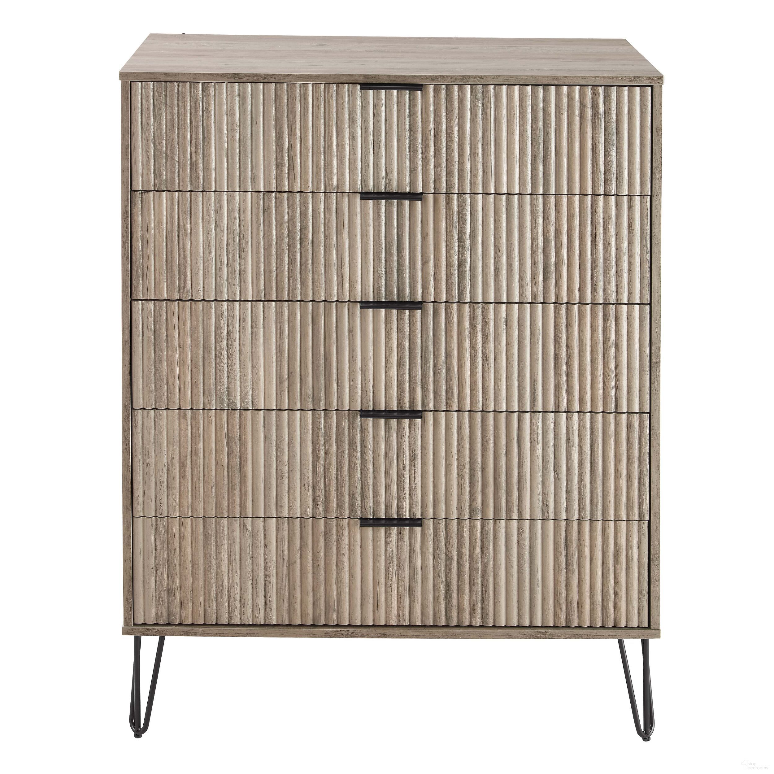 The appearance of Dumbo 5-Drawer Tall Dresser In Grey designed by Manhattan Comfort in the modern / contemporary interior design. This rustic grey piece of furniture  was selected by 1StopBedrooms from Dumbo Collection to add a touch of cosiness and style into your home. Sku: DR002-GY. Material: MDF.