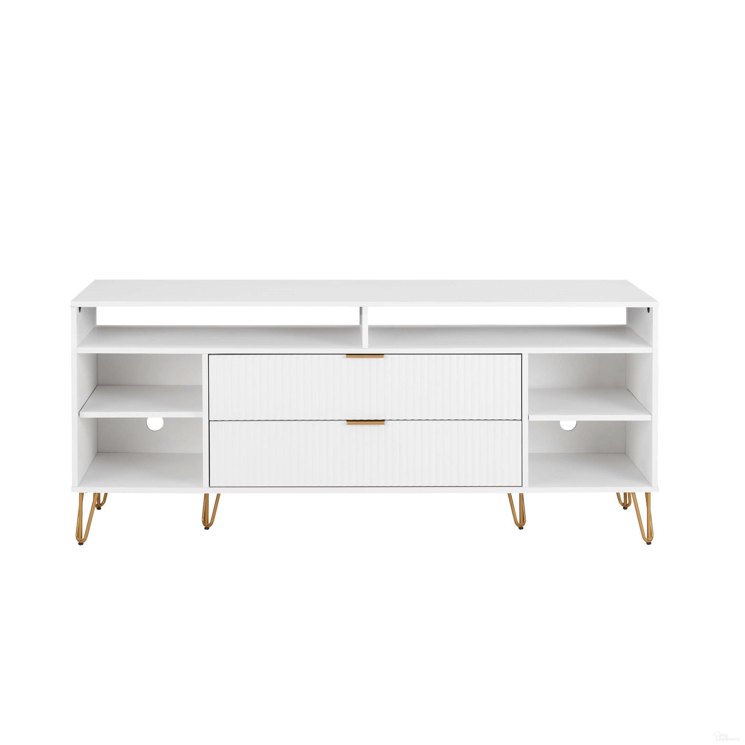 The appearance of Dumbo 63 Inch Tv Stand In White designed by Manhattan Comfort in the transitional interior design. This white piece of furniture was selected by 1StopBedrooms from Dumbo Collection to add a touch of cosiness and style into your home. Sku: TV001-WH. Material: MDF.