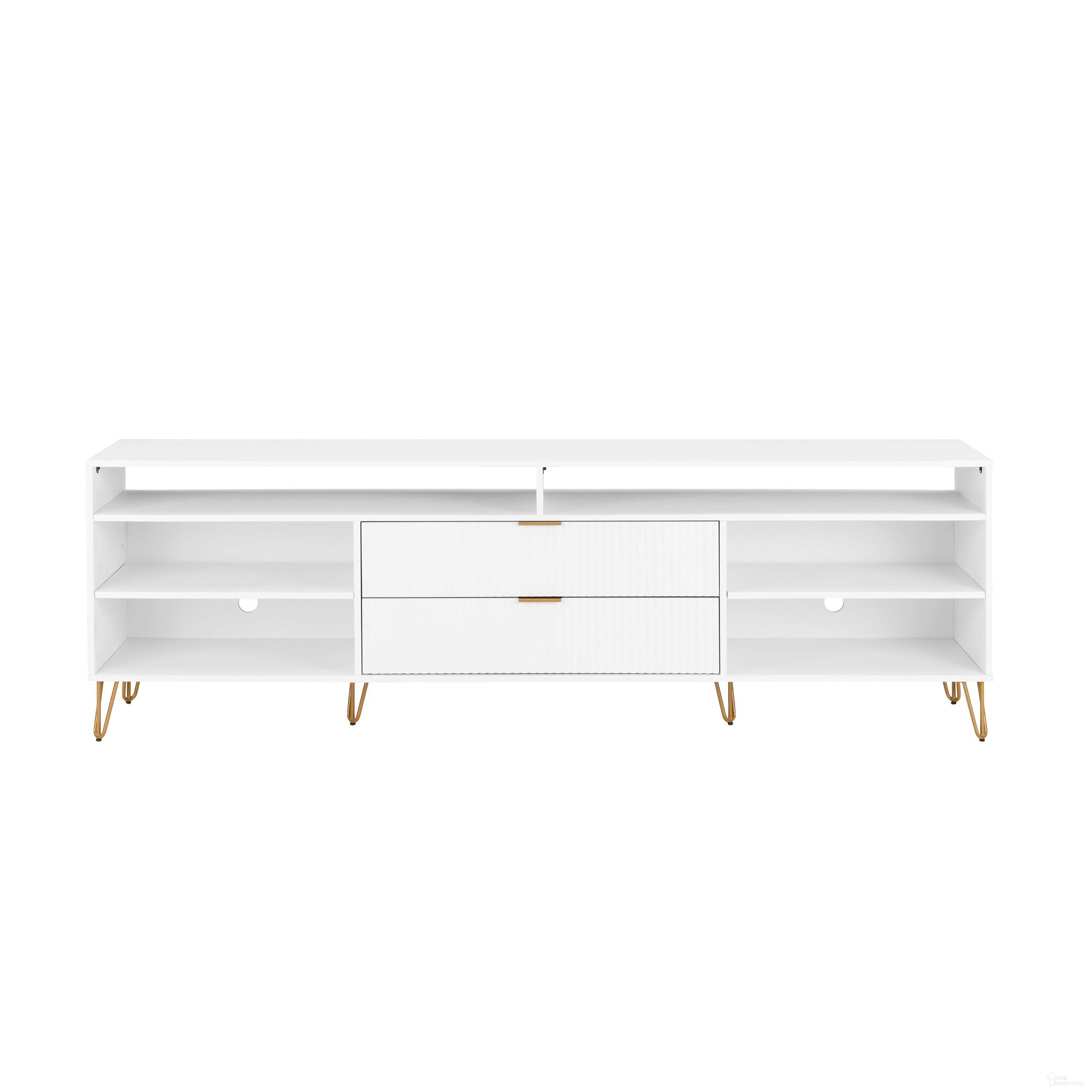 The appearance of Dumbo 85 Inch Tv Stand In White designed by Manhattan Comfort in the transitional interior design. This white piece of furniture was selected by 1StopBedrooms from Dumbo Collection to add a touch of cosiness and style into your home. Sku: TV002-WH. Material: MDF.