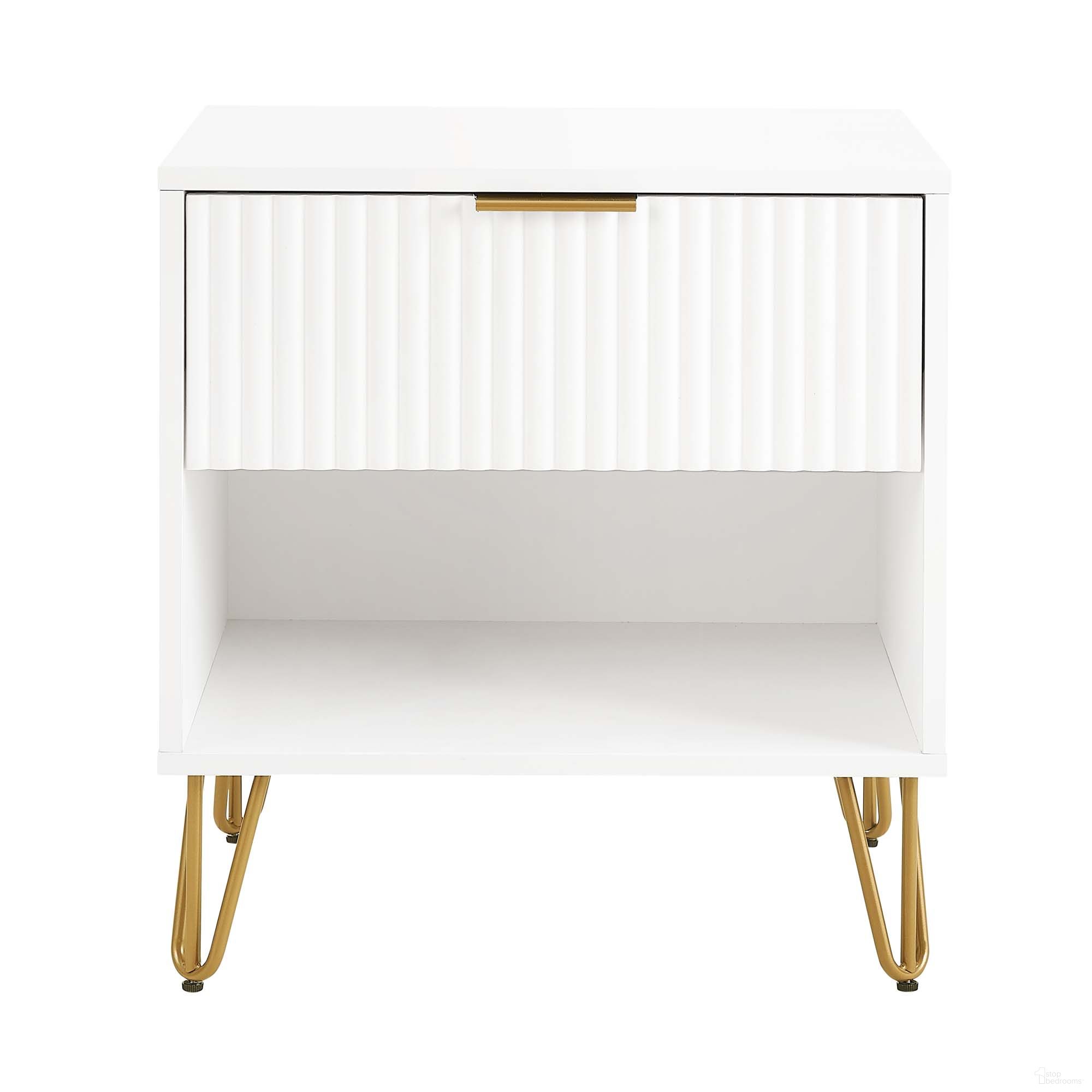 The appearance of Dumbo Nightstand with 1 Drawer In White designed by Manhattan Comfort in the modern / contemporary interior design. This white piece of furniture was selected by 1StopBedrooms from Dumbo Collection to add a touch of cosiness and style into your home. Sku: NS001-WH. Material: MDF.