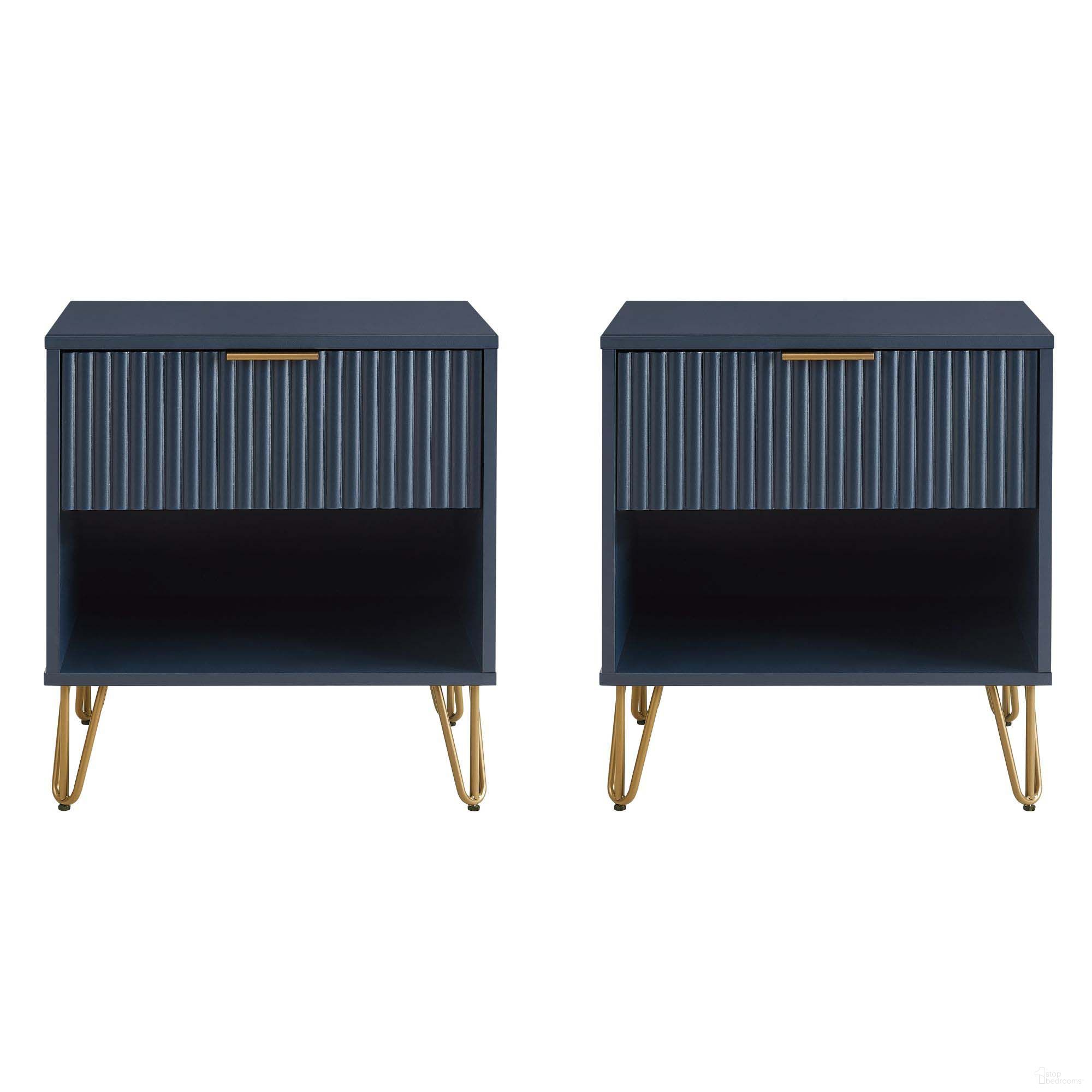 The appearance of Dumbo Nightstand with 1 Drawer Set of 2 In Midnight Blue designed by Manhattan Comfort in the modern / contemporary interior design. This midnight blue piece of furniture was selected by 1StopBedrooms from Dumbo Collection to add a touch of cosiness and style into your home. Sku: NS001-MB;NS001-MB. Material: MDF.