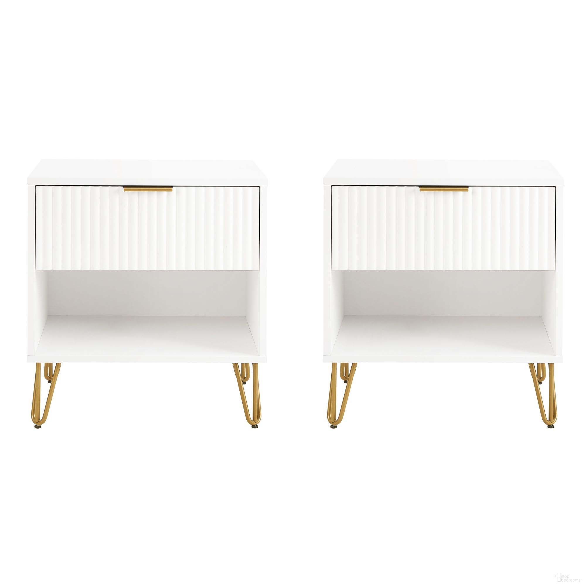 The appearance of Dumbo Nightstand with 1 Drawer Set of 2 In White designed by Manhattan Comfort in the modern / contemporary interior design. This white piece of furniture was selected by 1StopBedrooms from Dumbo Collection to add a touch of cosiness and style into your home. Sku: NS001-WH;NS001-WH. Material: MDF.