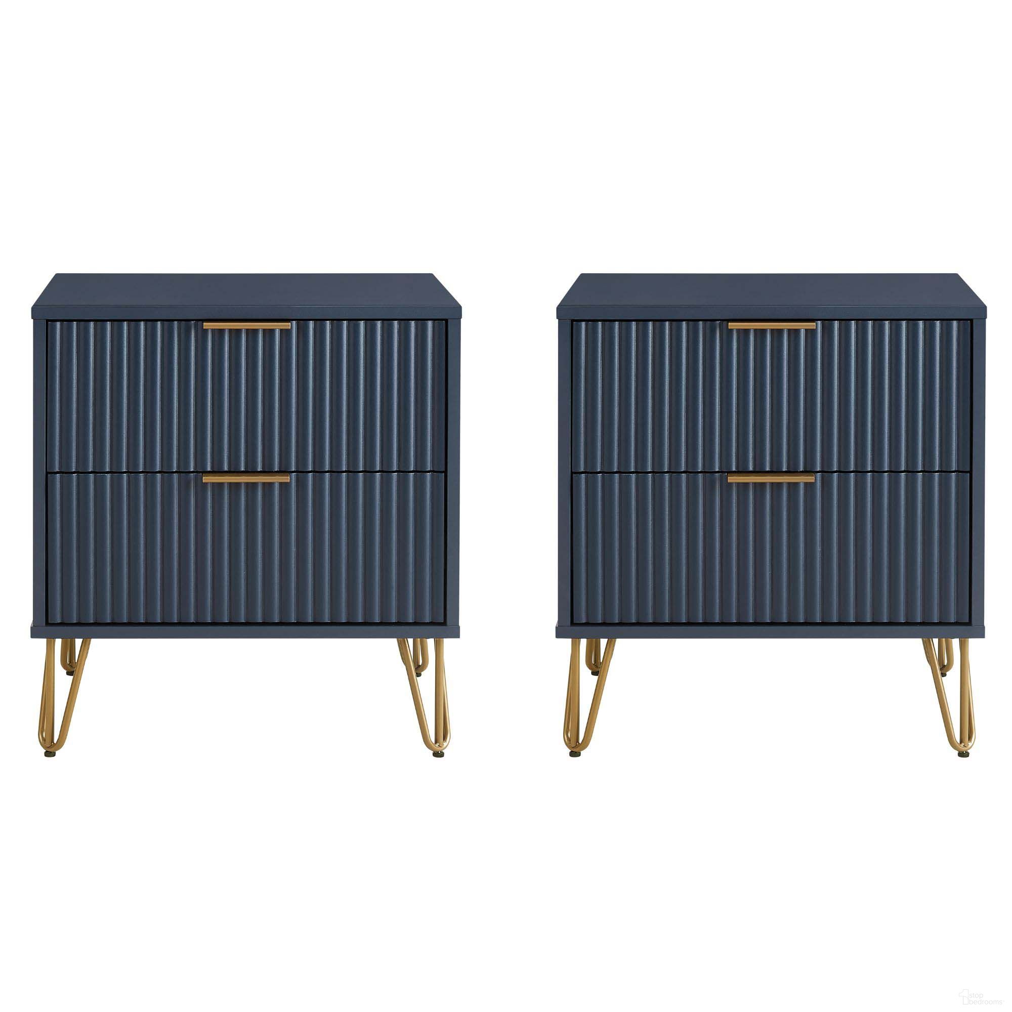 The appearance of Dumbo Nightstand with 2 Drawer Set of 2 In Midnight Blue designed by Manhattan Comfort in the modern / contemporary interior design. This midnight blue piece of furniture was selected by 1StopBedrooms from Dumbo Collection to add a touch of cosiness and style into your home. Sku: NS002-MB;NS002-MB. Material: MDF.