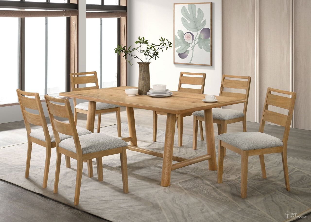 The appearance of Duncan Rectangular Wood Dining Room Set In Washed Oak designed by Coaster in the transitional interior design. This washed oak piece of furniture was selected by 1StopBedrooms from Duncan Collection to add a touch of cosiness and style into your home. Sku: 193651B1;193651B2;193652. Table Top Shape: Rectangular. Size: 39.25" x 70.75". Material: Knotty Oak Veneer.