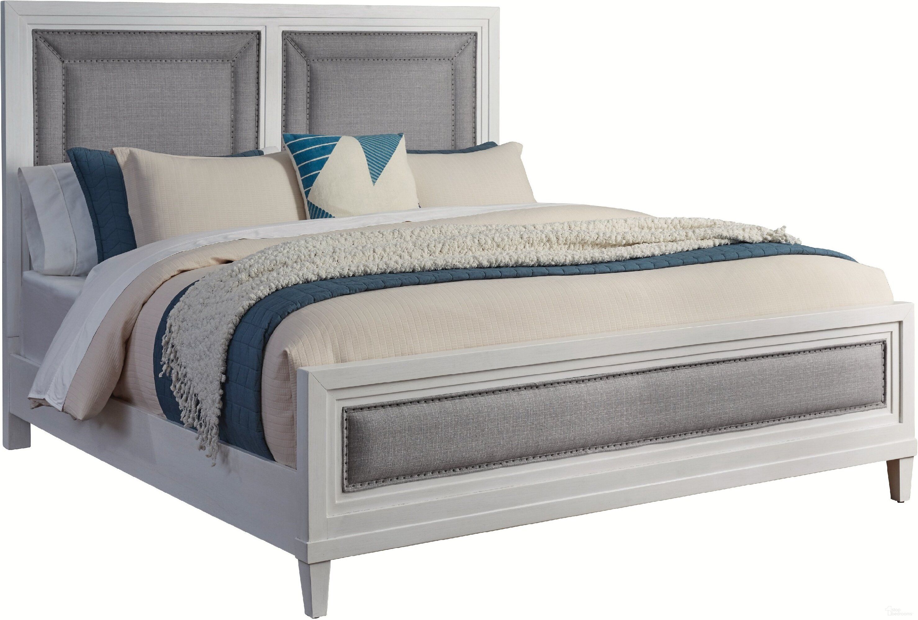 The appearance of Dunescape King Upholstered Bed In White designed by American Woodcrafters in the transitional interior design. This white piece of furniture was selected by 1StopBedrooms from Dunescape Collection to add a touch of cosiness and style into your home. Sku: 1210-981;1210-994;1210-880. Bed Size: King. Material: Mahogany. Bed Type: Upholstered Bed.