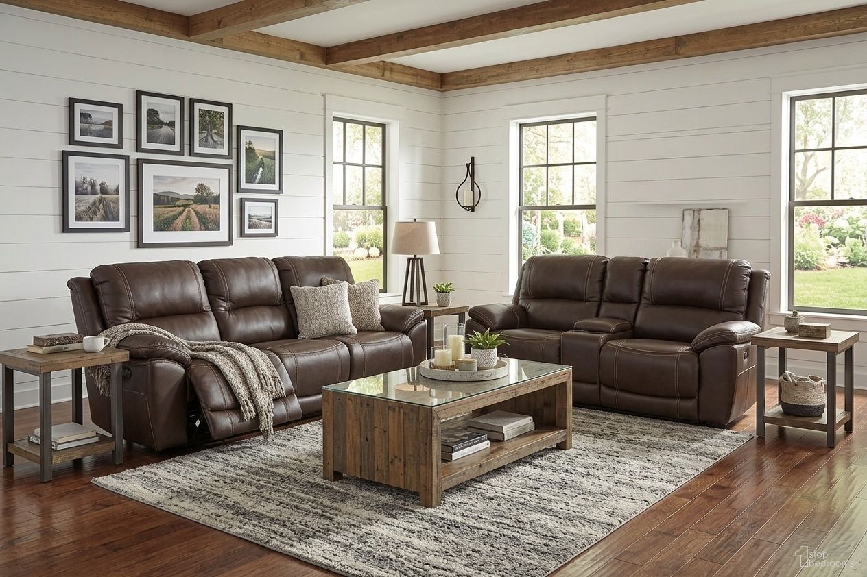 The appearance of Dunleith Power Reclining Living Room Set In Chocolate designed by Signature Design by Ashley in the modern / contemporary interior design. This chocolate piece of furniture  was selected by 1StopBedrooms from Dunleith Collection to add a touch of cosiness and style into your home. Sku: U7160431;U7160458;U7160462;U7160458;U7160462. Material: Leather Match.