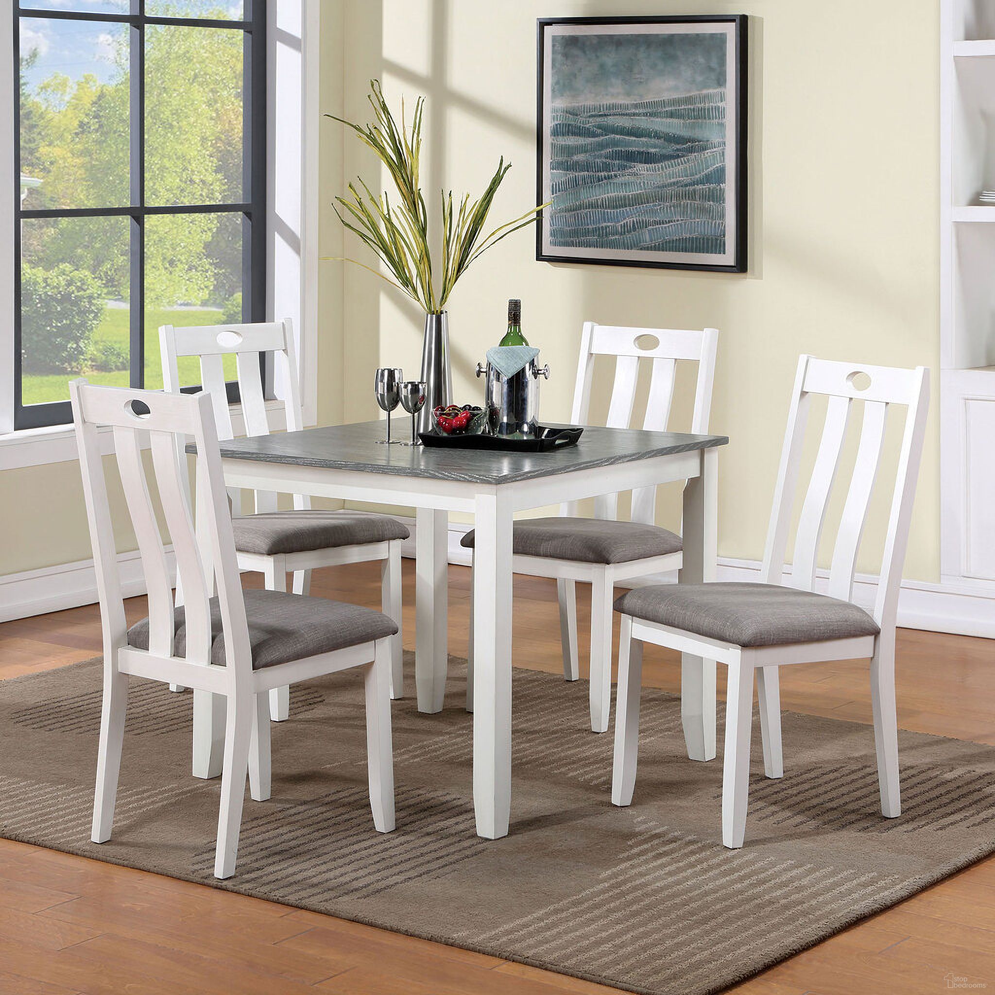 The appearance of Dunseith 5 Piece Dining Set In White and Gray designed by Furniture of America in the transitional interior design. This white/gray piece of furniture was selected by 1StopBedrooms from Dunseith Collection to add a touch of cosiness and style into your home. Sku: FOA3388T-5PK. Material: Wood.