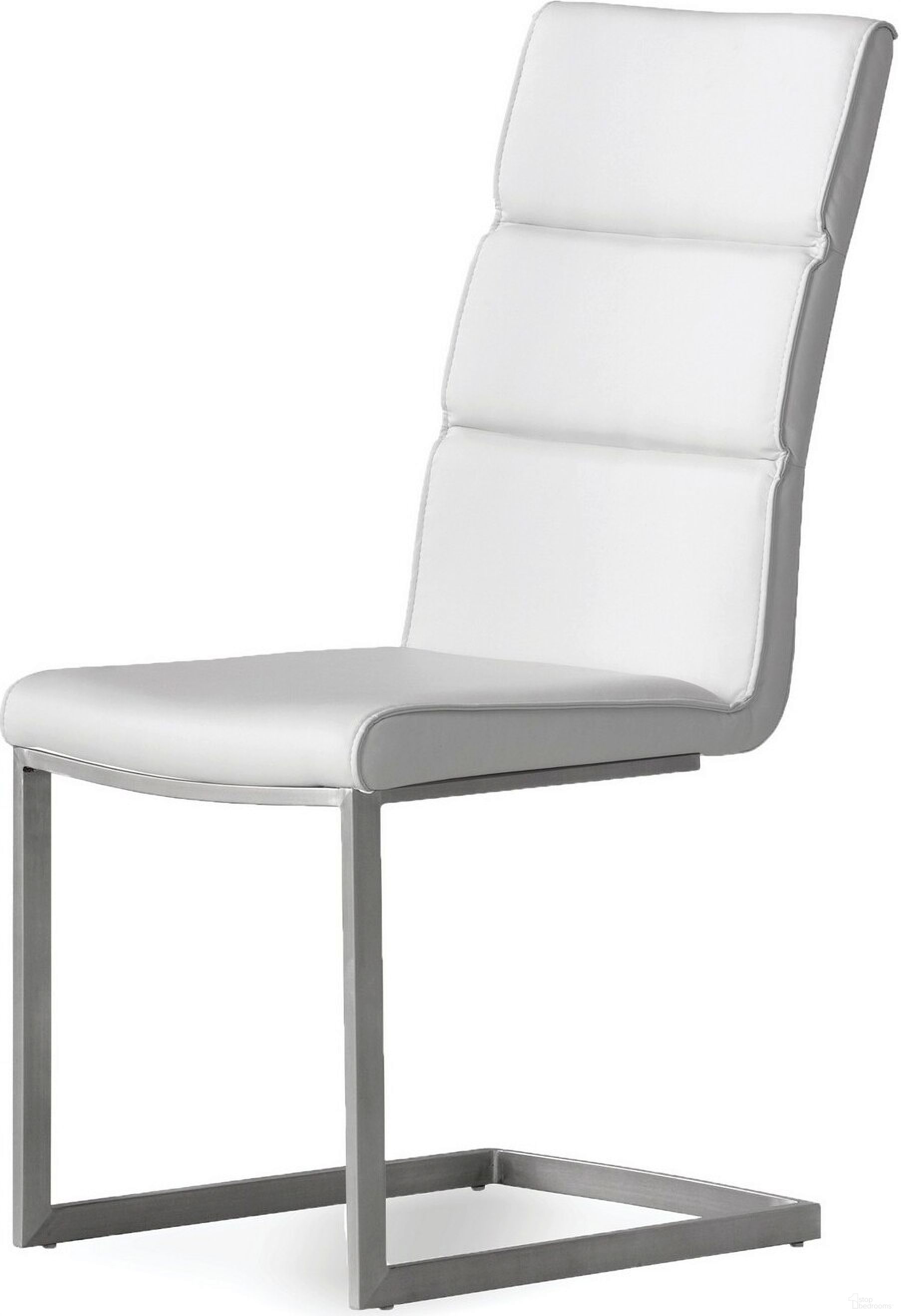 The appearance of Duomo White Leatherette With Brushed Stainless Steel Dining Chair - Set of 2 designed by Mobital in the modern / contemporary interior design. This white piece of furniture was selected by 1StopBedrooms from Duomo Collection to add a touch of cosiness and style into your home. Sku: DCH-DUOM-WHIT-. Material: Leather. Chair Type: Side Chair.