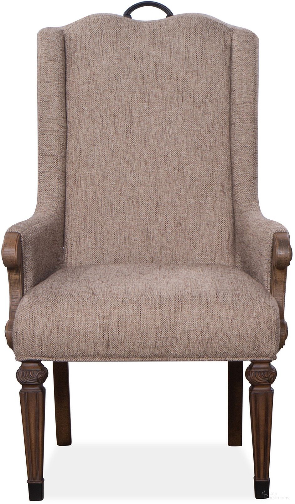 The appearance of Durango Upholstered Host Arm Chair Set of 2 designed by Magnussen in the transitional interior design. This brown and beige piece of furniture was selected by 1StopBedrooms from Durango Collection to add a touch of cosiness and style into your home. Sku: D5133-76. Material: Pine. Chair Type: Arm Chair.