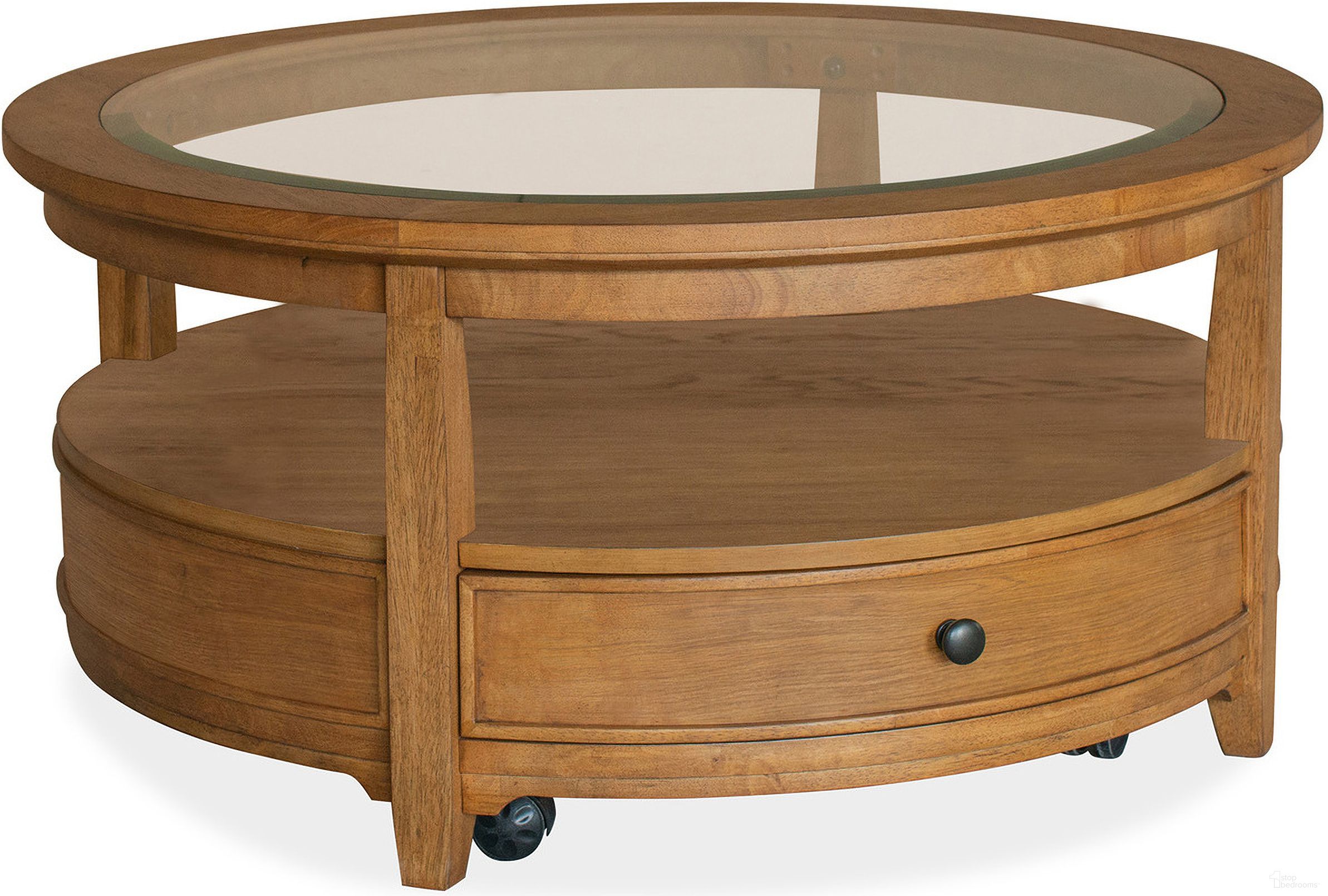 The appearance of Durant Round Cocktail Table With Casters In Honey Brown designed by Magnussen in the transitional interior design. This honey brown piece of furniture was selected by 1StopBedrooms from Durant Collection to add a touch of cosiness and style into your home. Sku: T5814-45. Material: Oak Veneer.