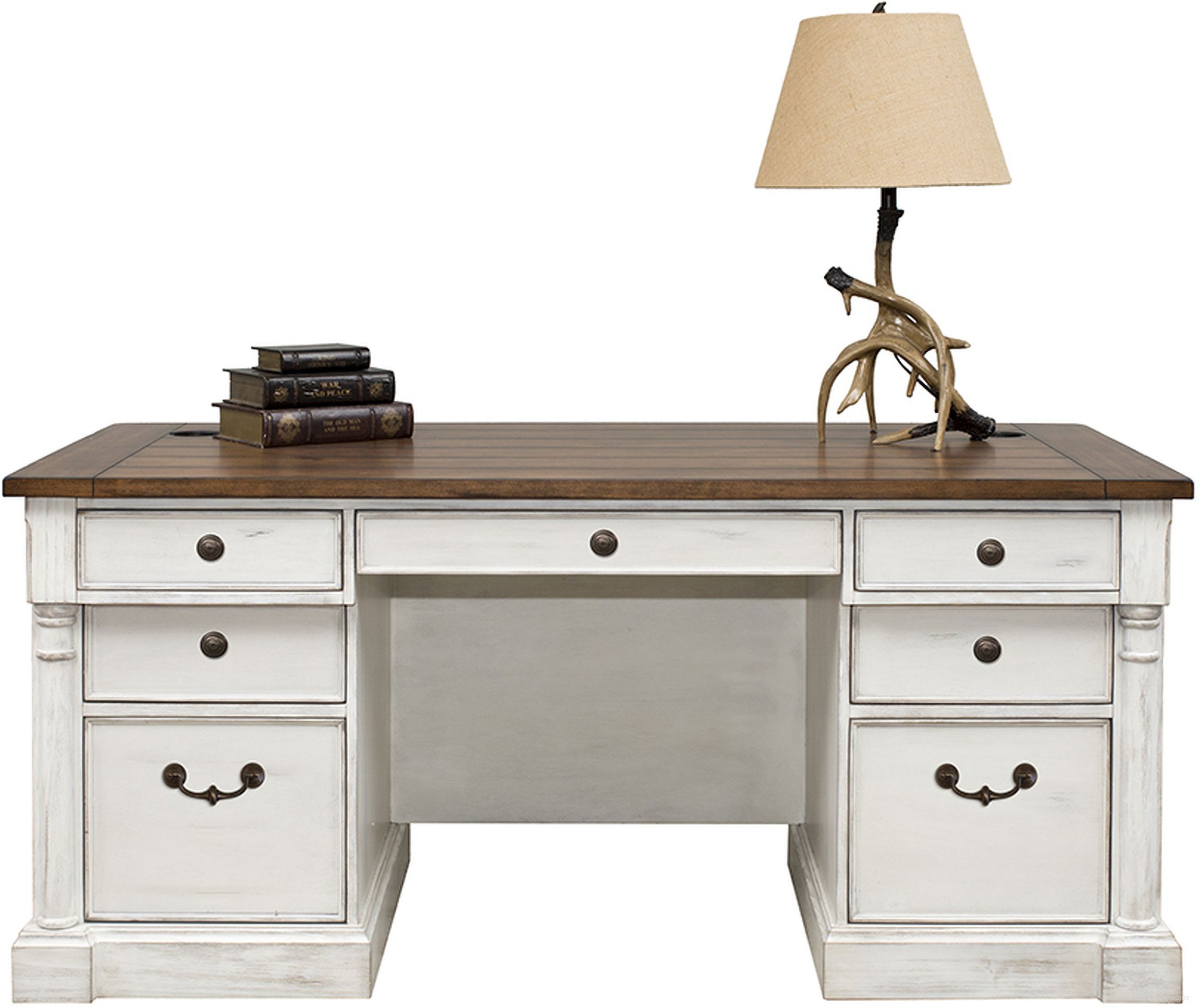 The appearance of Durham Rustic Wood Double Pedestal Executive Desk In White designed by Martin Furniture in the country / farmhouse interior design. This weathered white piece of furniture was selected by 1StopBedrooms from Durham Collection to add a touch of cosiness and style into your home. Sku: IMDU680. Material: Wood.