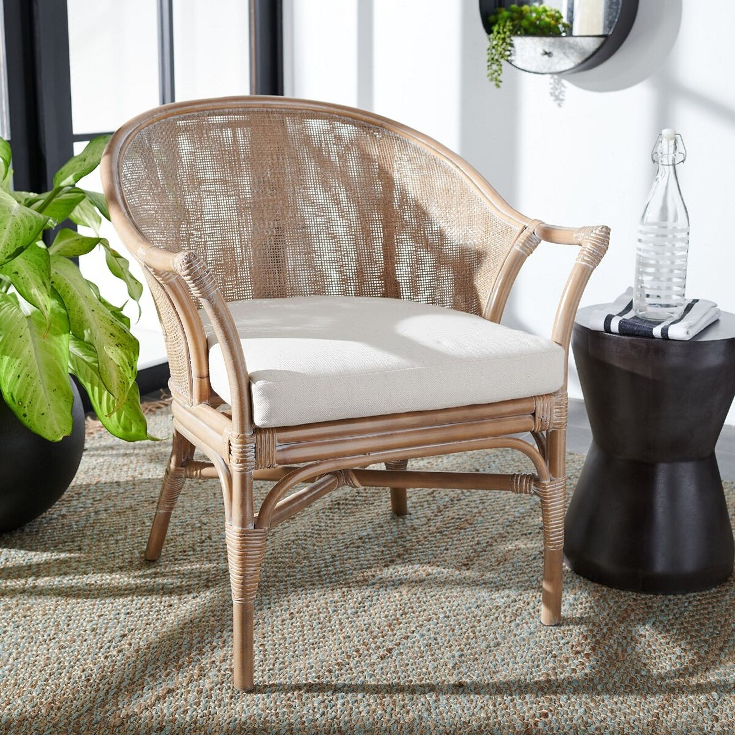 Dustin Rattan Accent Chair with Cushion in Grey