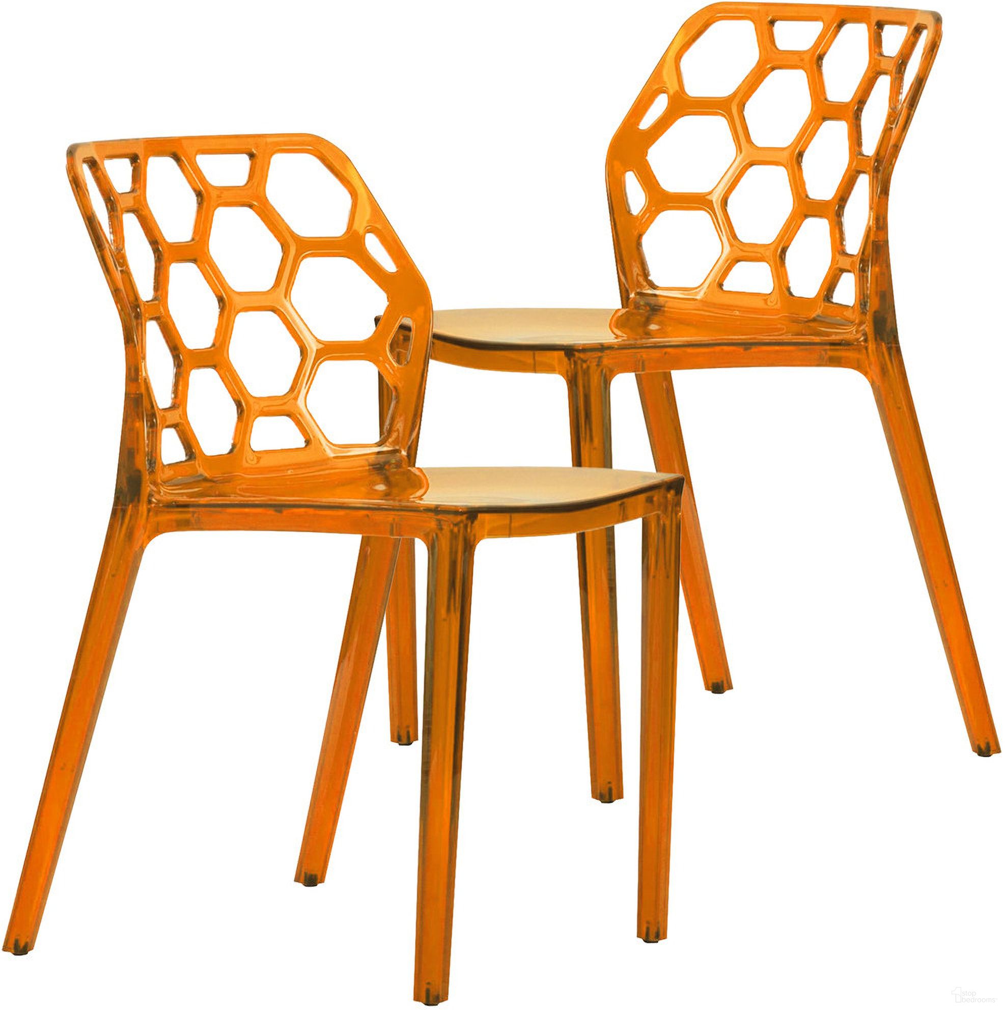The appearance of Dynamic Dining Chair Set of 2 In Transparent Orange designed by LeisureMod in the modern / contemporary interior design. This orange piece of furniture was selected by 1StopBedrooms from Dynamic Collection to add a touch of cosiness and style into your home. Sku: DC19TOR2. Material: Plastic. Chair Type: Side Chair.
