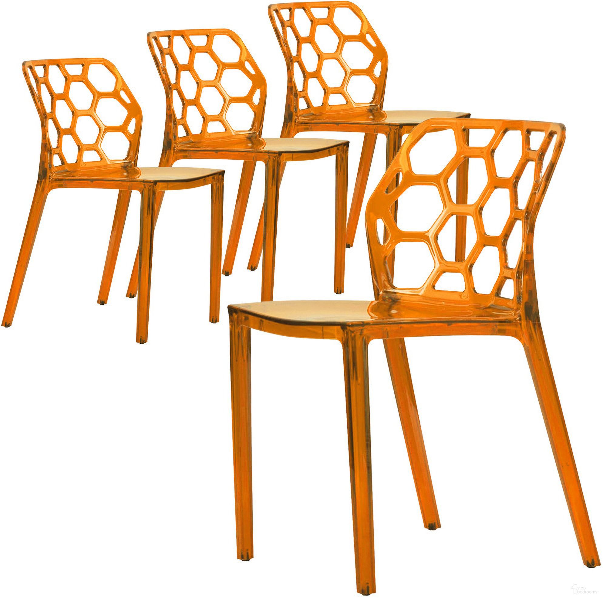 The appearance of Dynamic Dining Chair Set of 4 In Transparent Orange designed by LeisureMod in the modern / contemporary interior design. This orange piece of furniture was selected by 1StopBedrooms from Dynamic Collection to add a touch of cosiness and style into your home. Sku: DC19TOR4. Material: Plastic. Chair Type: Side Chair.